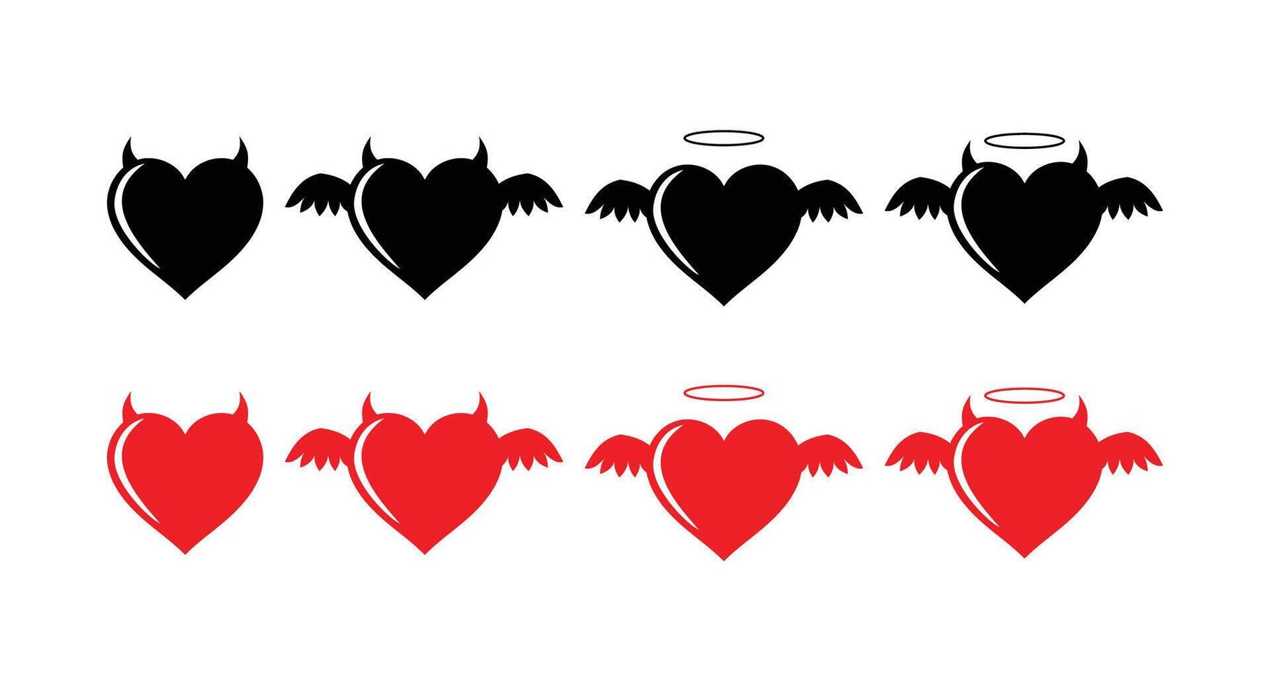 Black And Red Angel Hearts With Wings, Demonic Hearts With Horns vector