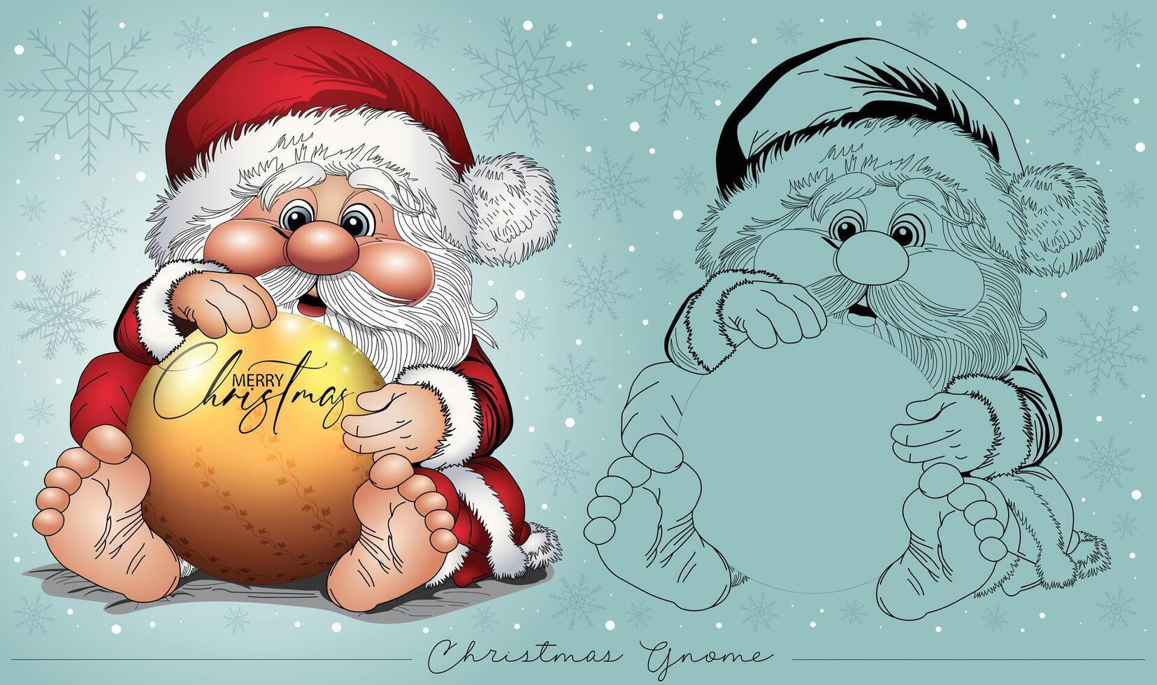 Adorable gnome dressed in Santa suit sitting behind a Christmas ornament with Merry Christmas text. vector