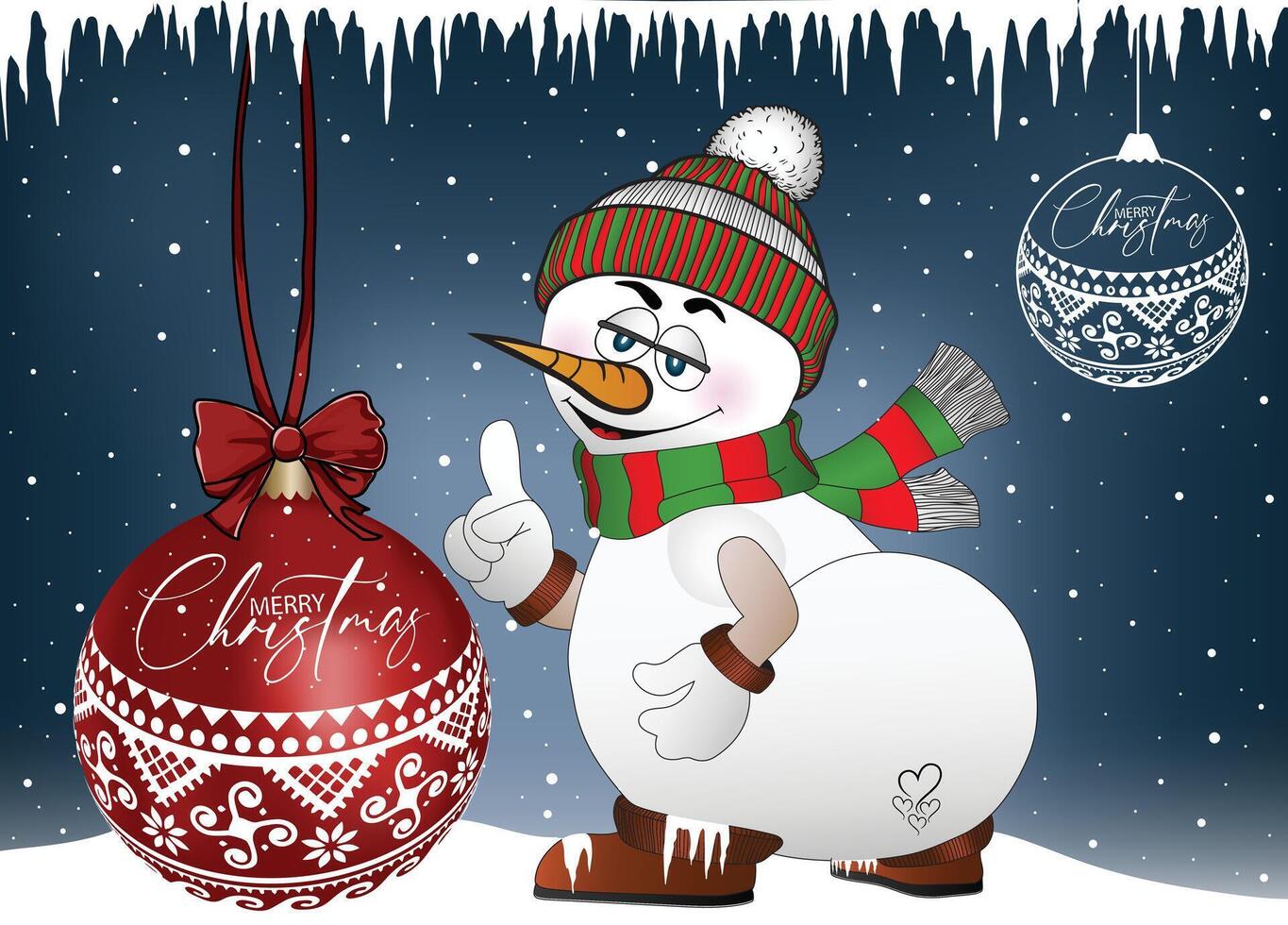 A joyful Christmas snowman standing in the snow. vector