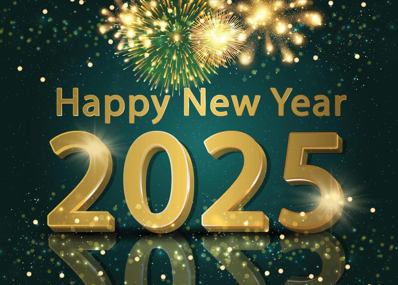 2025 New Year celebration card featuring sparkling golden glitter and fireworks. vector