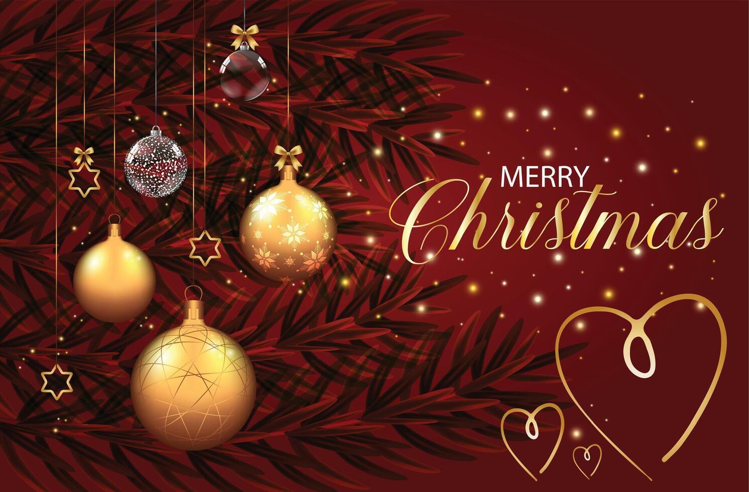 Christmas greeting card featuring hanging ornaments against a red background. vector