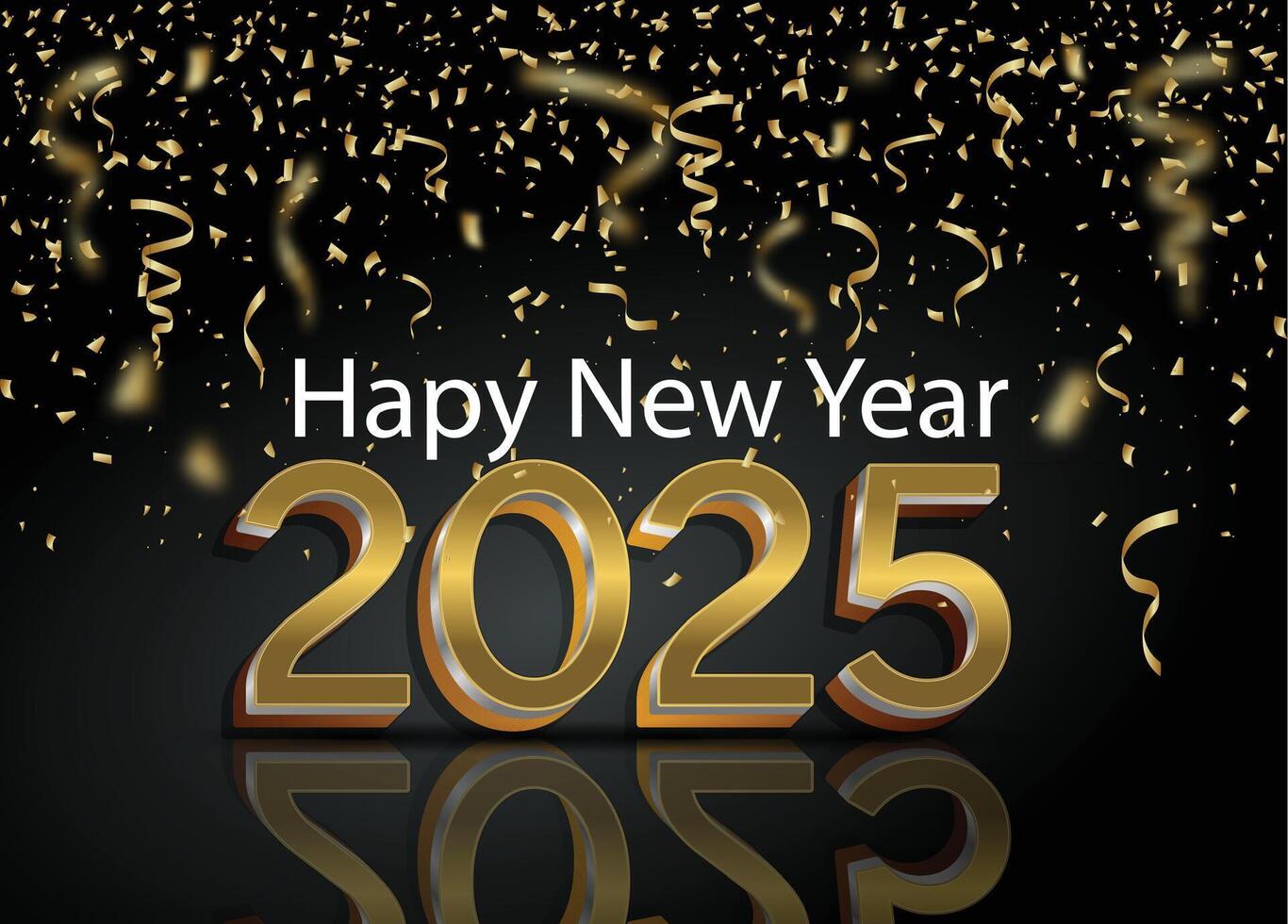 2025 Happy New Year background design with sparkling golden lettering and confetti on a black backdrop. vector