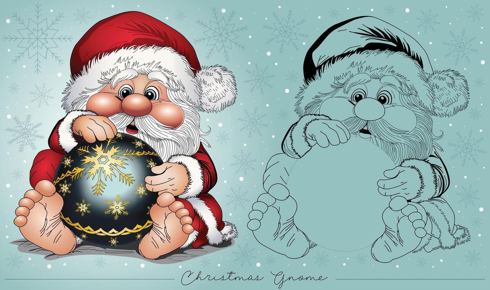 A charming gnome in a red Santa suit sitting behind a Christmas ornament. vector