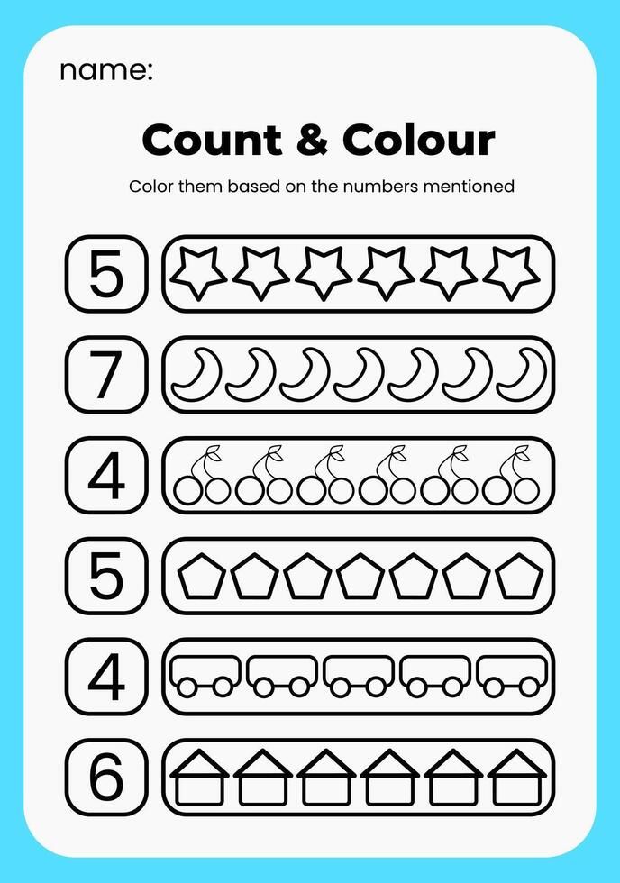 children's worksheets about counting and coloring. activity sheets that can help children learn to count and color vector