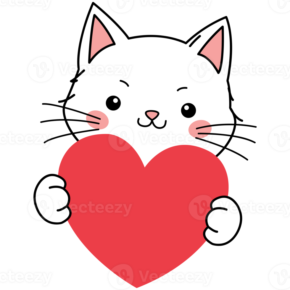 Cute little cat with red heart Valentines day doodle illustration png
