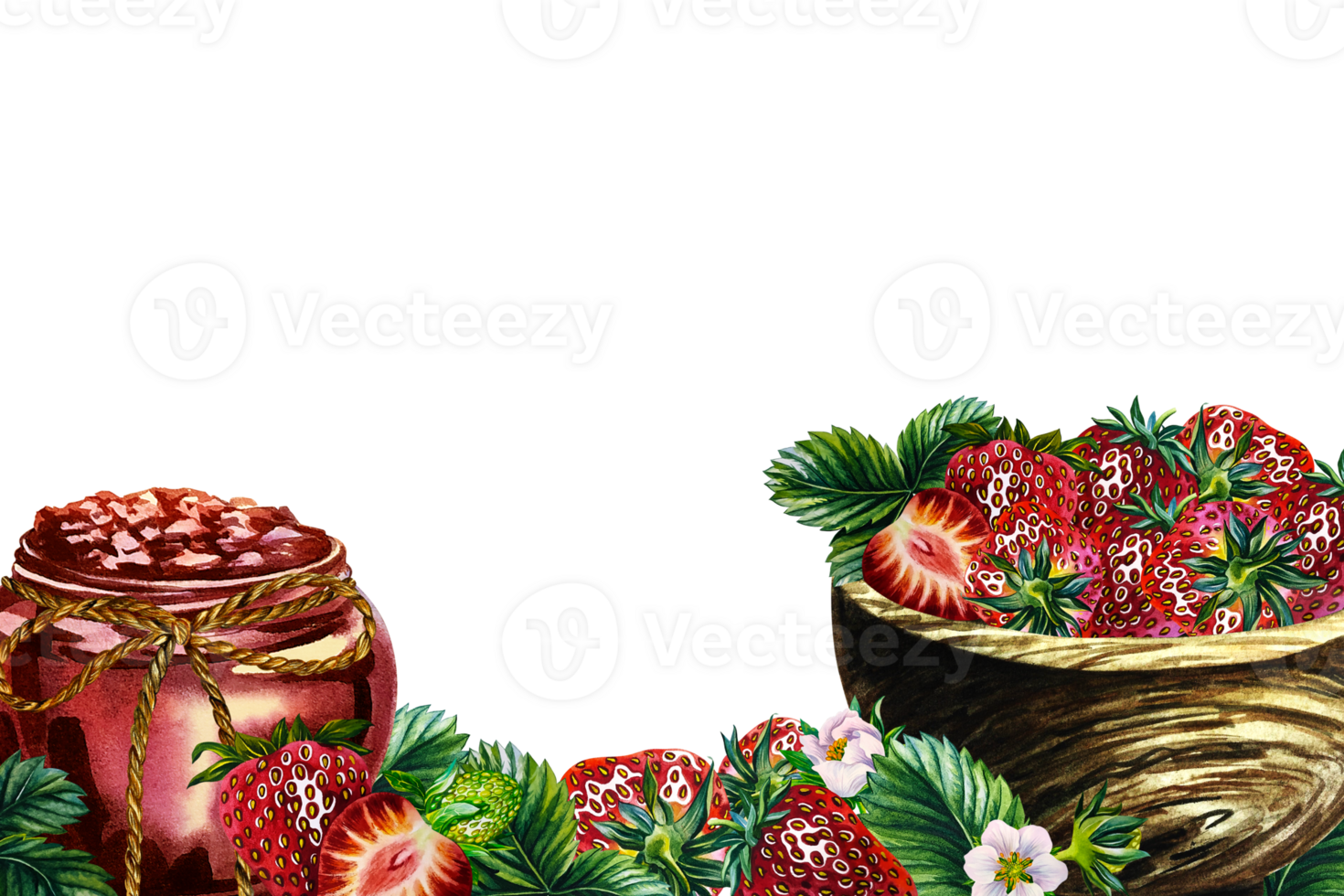 A banner with strawberry jam in a jar and fresh strawberries in a wooden bowl. Handmade watercolor illustration. Preparations for the winter. Highlight it. For packaging, labels and flyers, banners. png