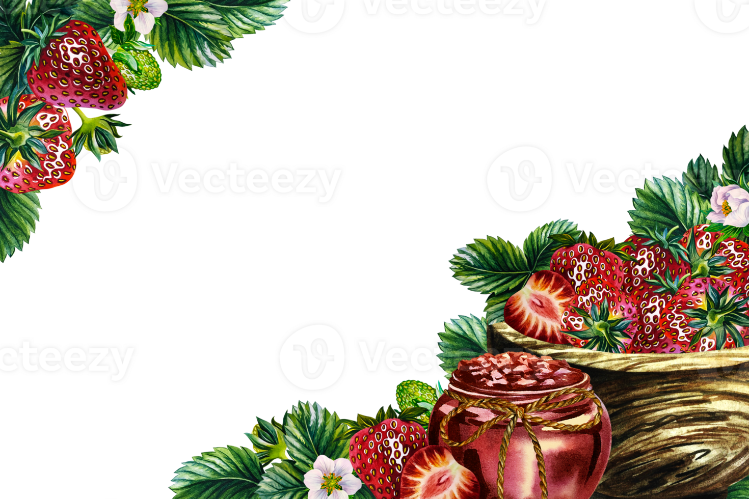 A frame with strawberry jam in a jar and fresh strawberries in a wooden vase. Handmade watercolor illustration. Preparations for the winter. Highlight it. For packaging, labels and flyers, stickers. png