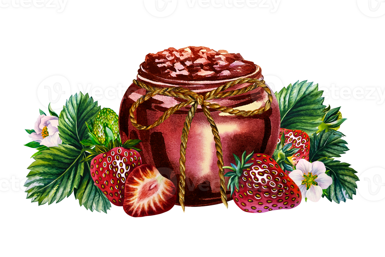 Strawberry jam in a jar. Handmade watercolor illustration. Preparations for the winter. Highlight it. Realistic painting. For packaging, labels and flyers. For banners and stickers. png
