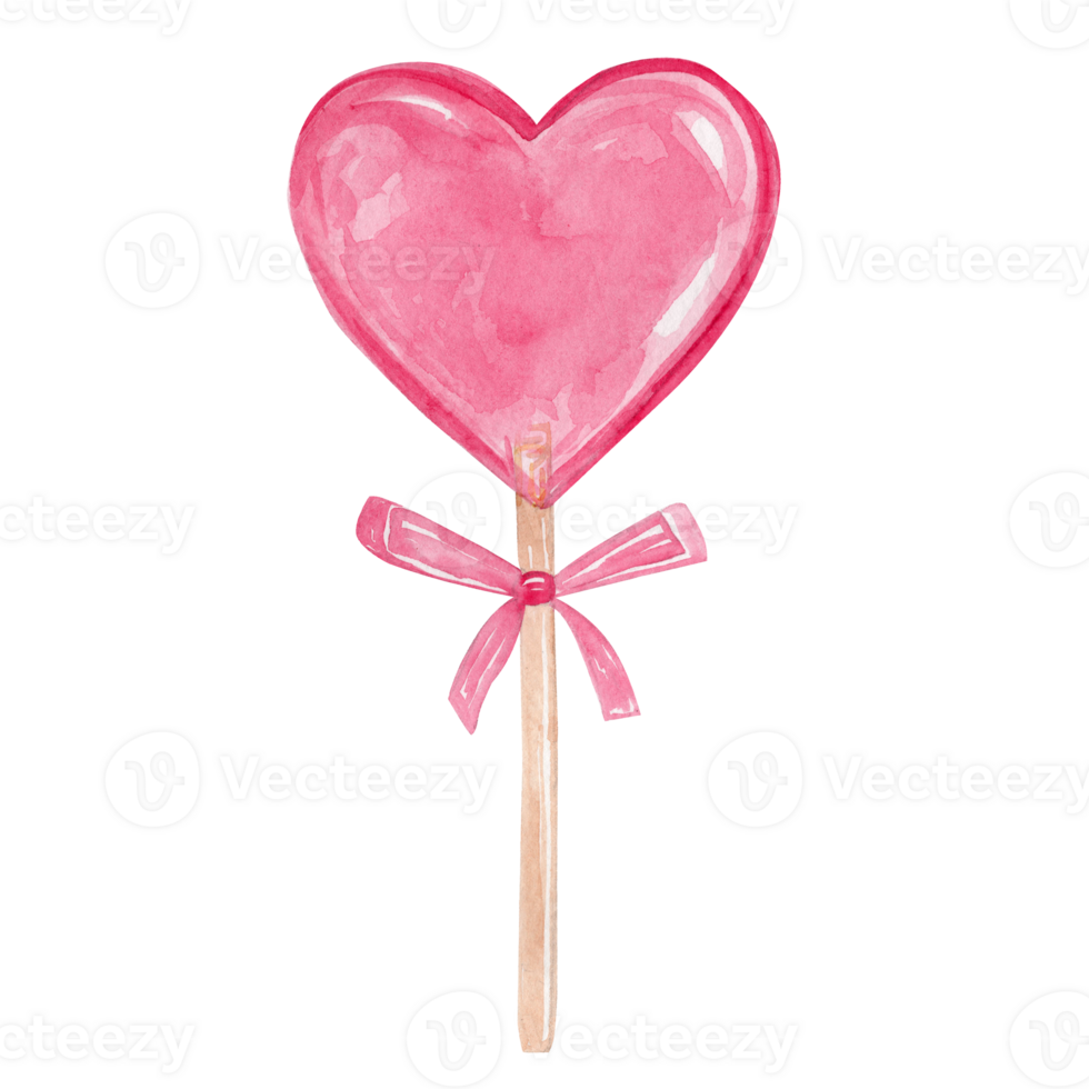 watercolor pink heart shaped lollipop on a stick with pink bow isolated png