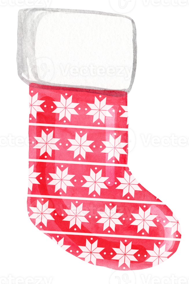watercolor red christmas stocking with snowflakes pattern isolated png