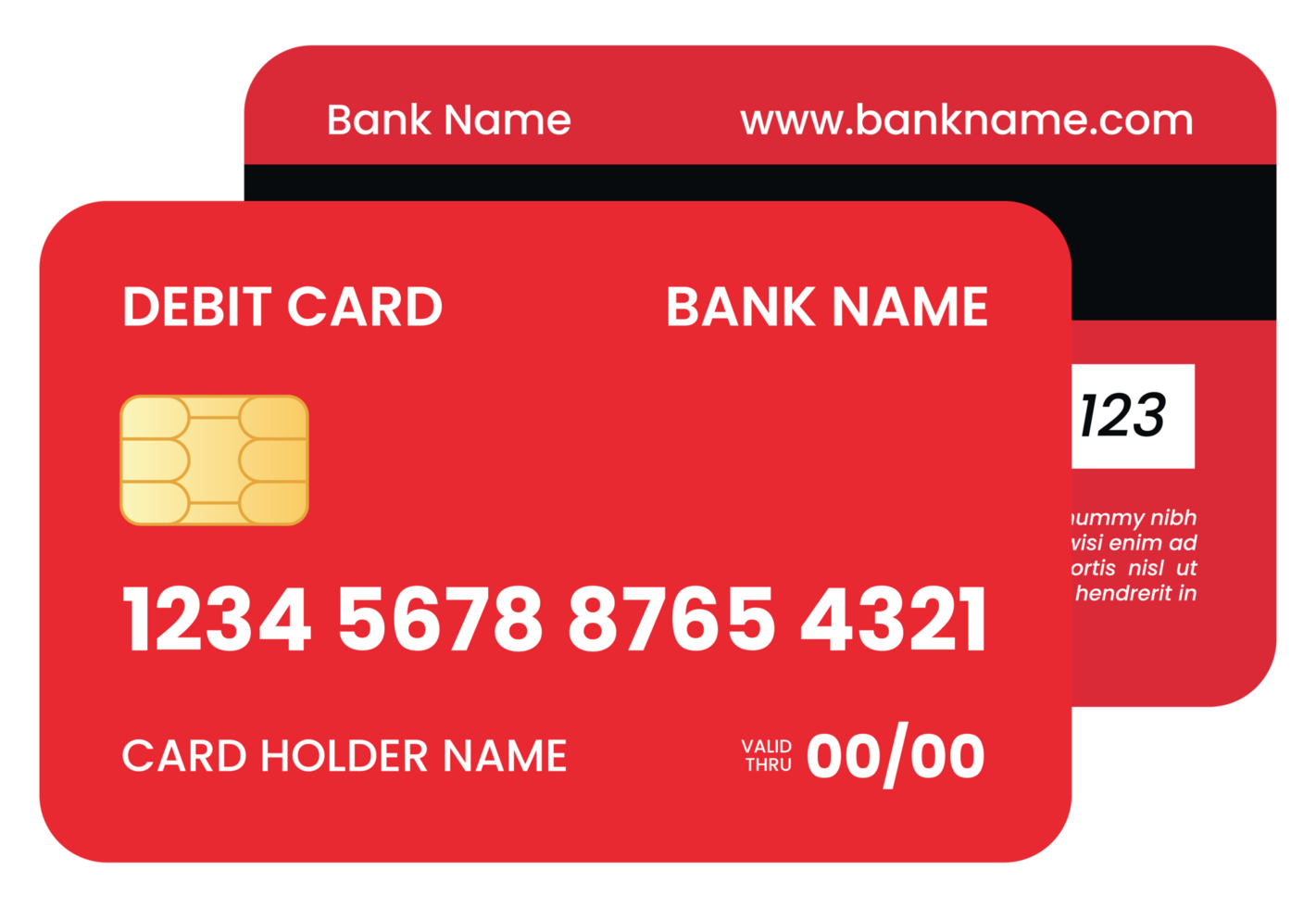 Detailed Text Red Debit Card with Front and Bottom View png