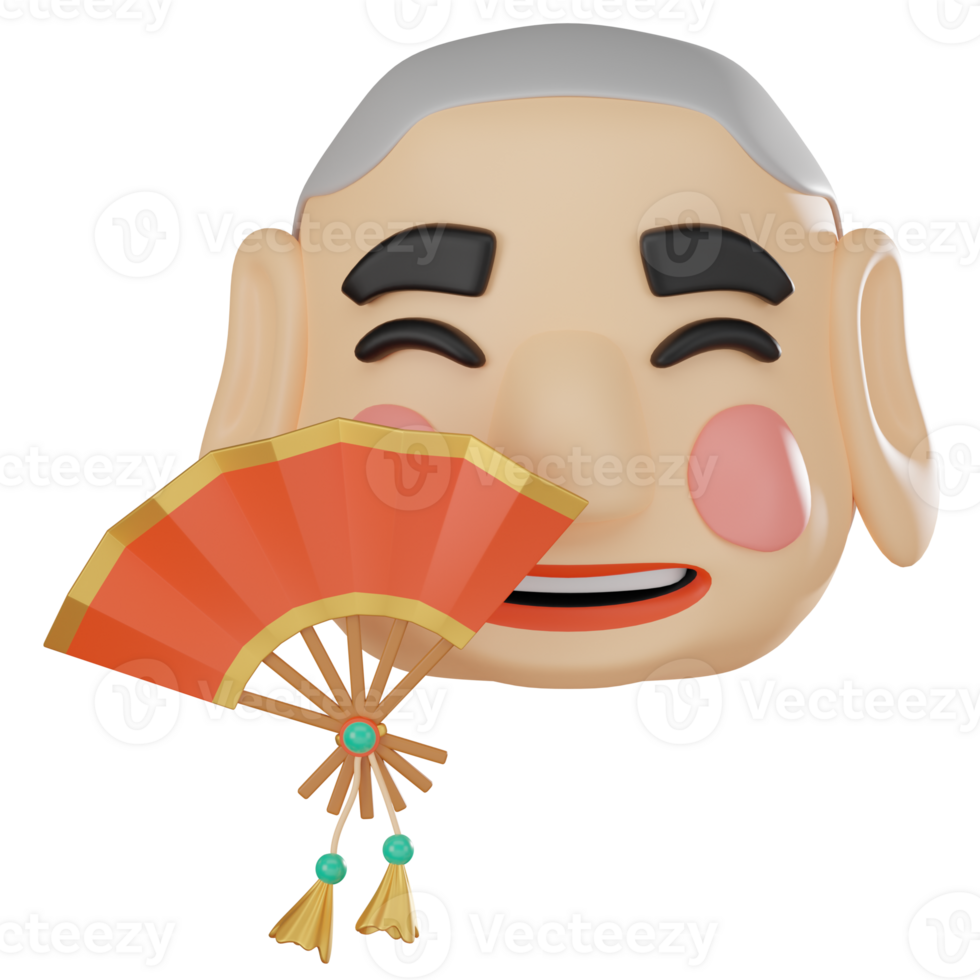 3D Render, Chinese Smiling Mask Man with Chinese Fan, Icon Illustration png