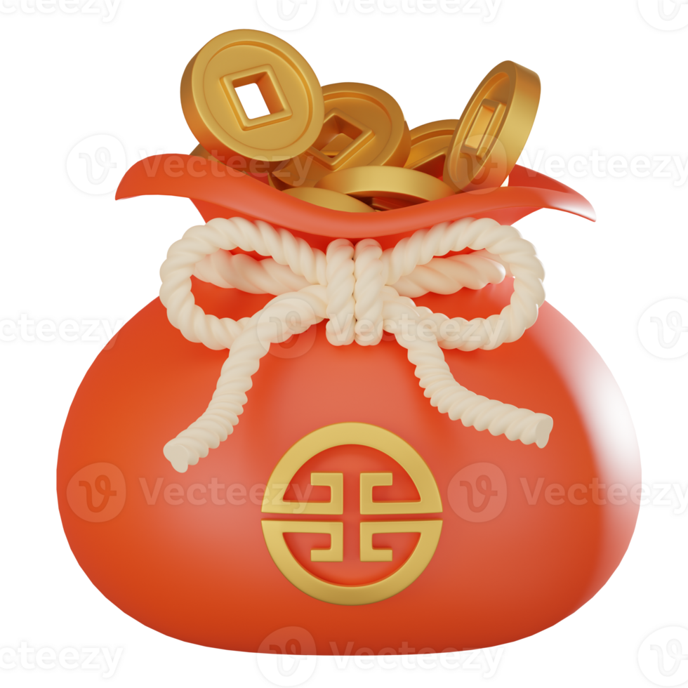 3D render, Chinese New Year red money bag and Gold Coins, Icon Illustration png