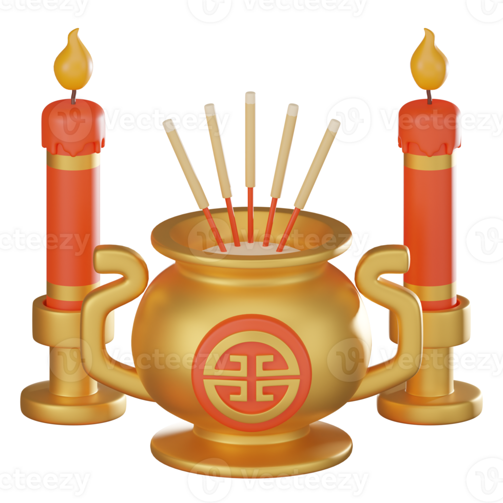 3D Render, Chinese new year Incense with red candle, Icon Illustration png