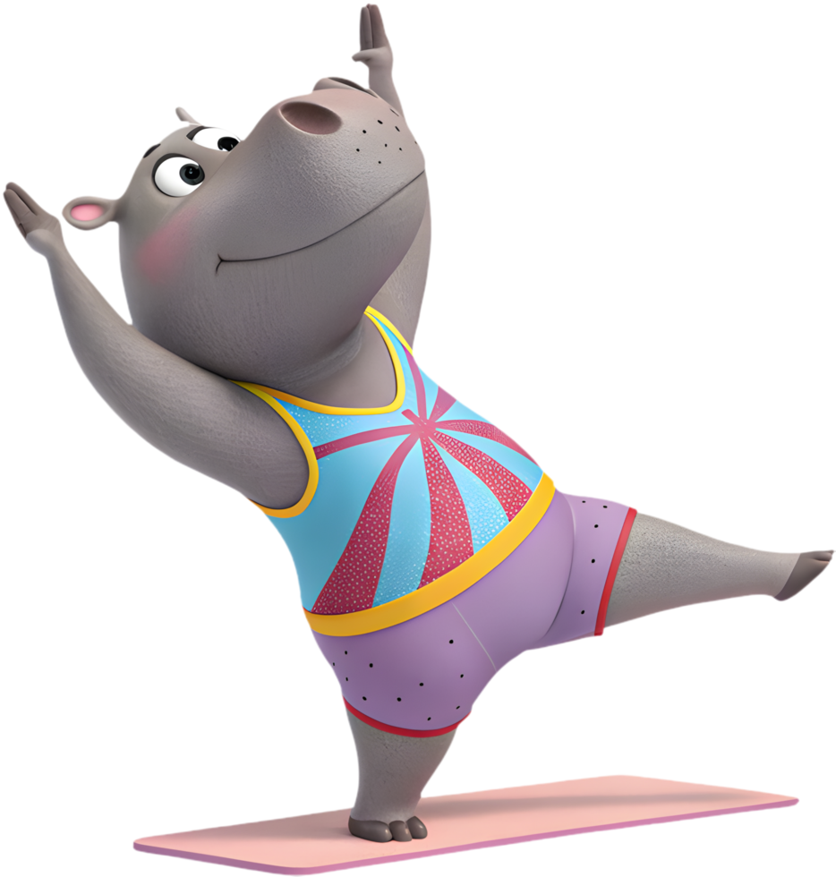 Cute Hippo in Gymnastics Outfit Doing Acrobatic Poses. . png