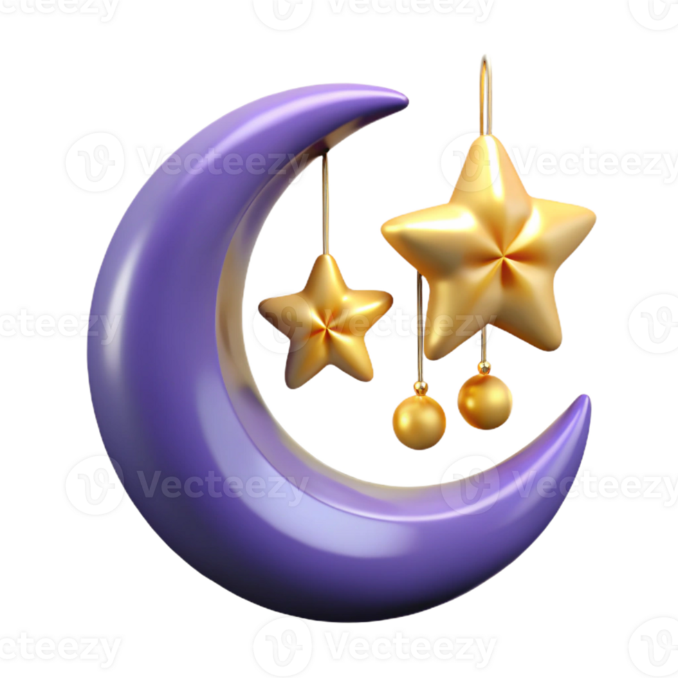 Purple Crescent Moon and Golden Stars 3D Render png