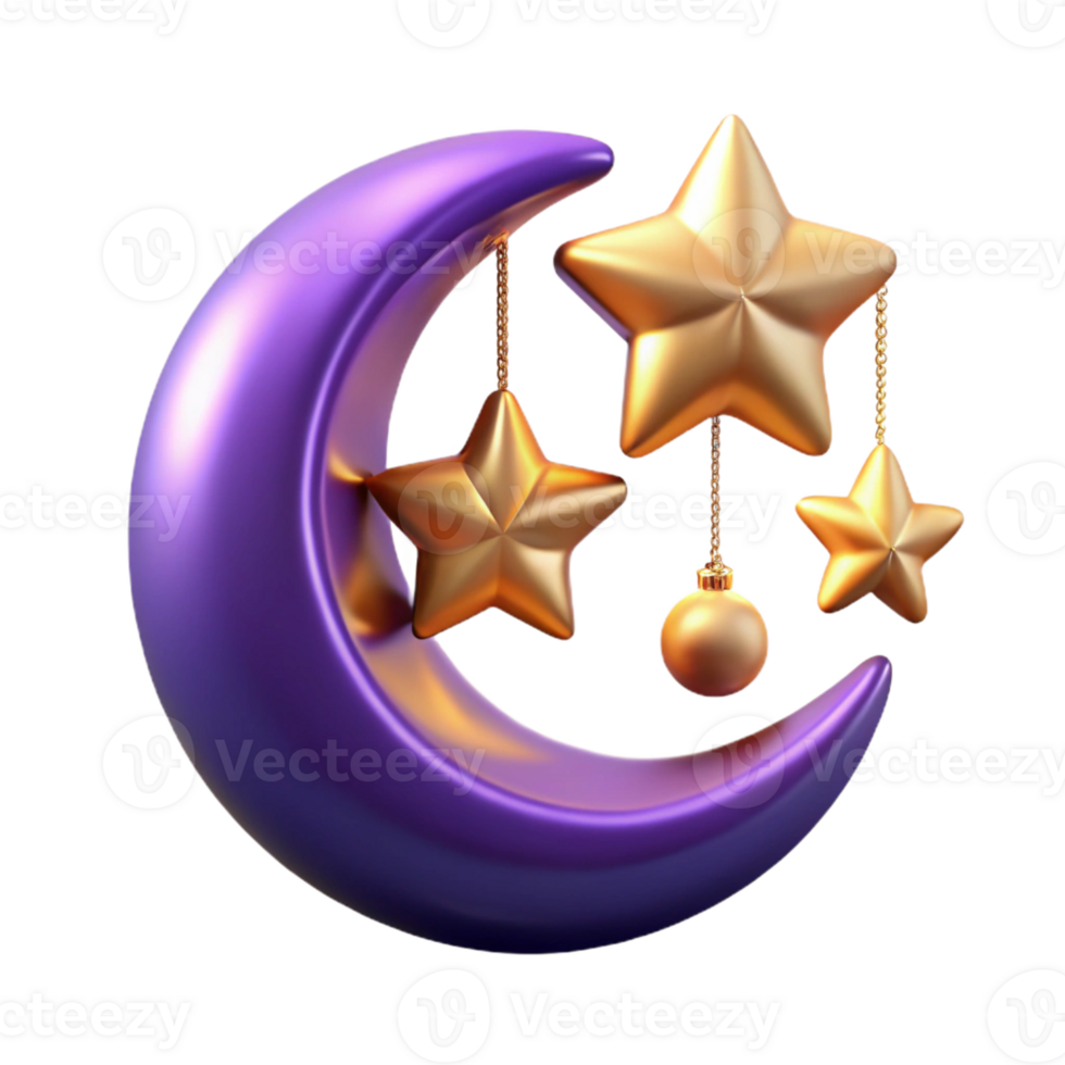 Purple Crescent Moon and Golden Stars 3D Render png