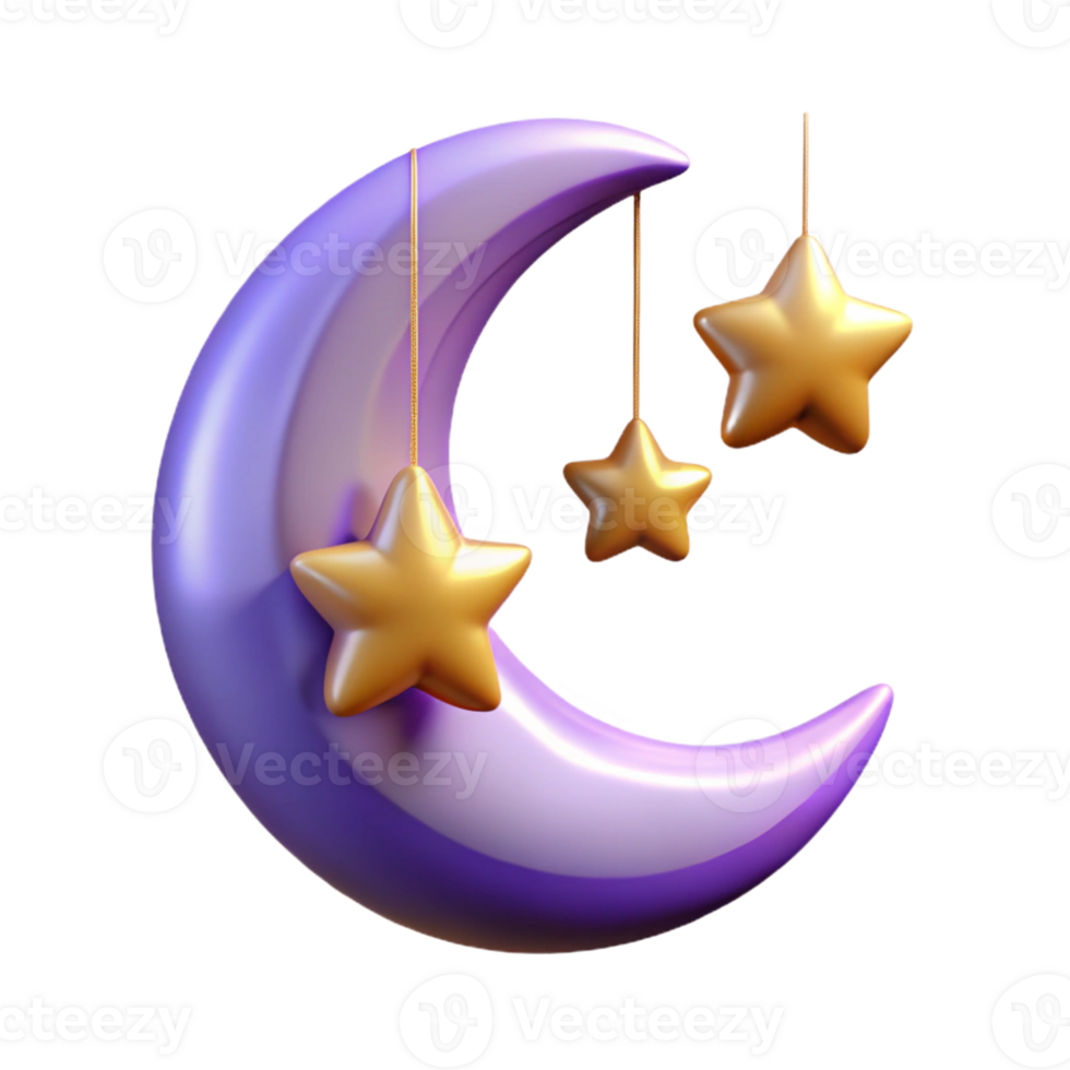 Purple Crescent Moon with Golden Stars 3D Render png