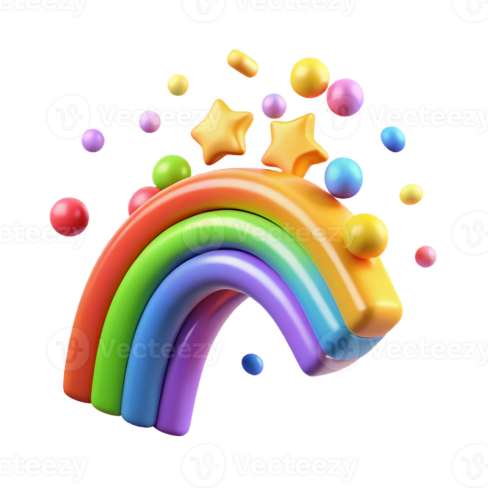 3D Rainbow Illustration with Colorful Balls and Stars png