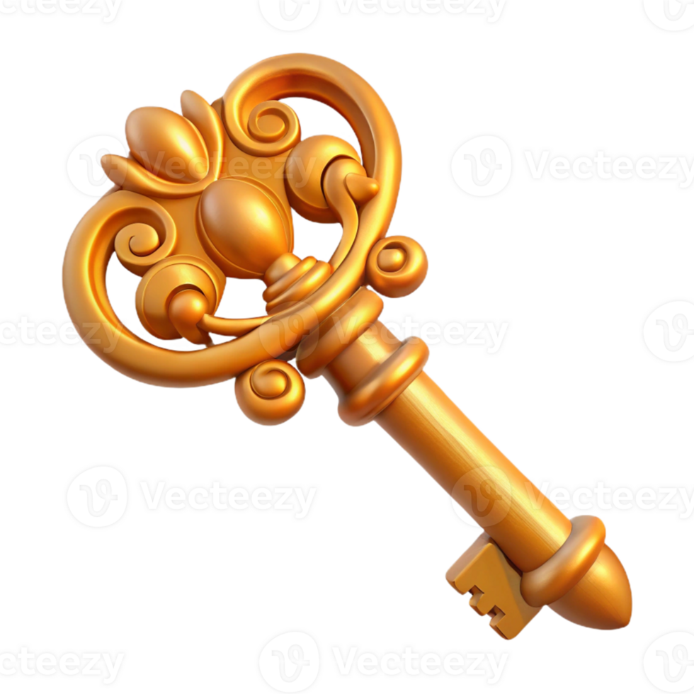 Ornate Golden Key 3D Render png