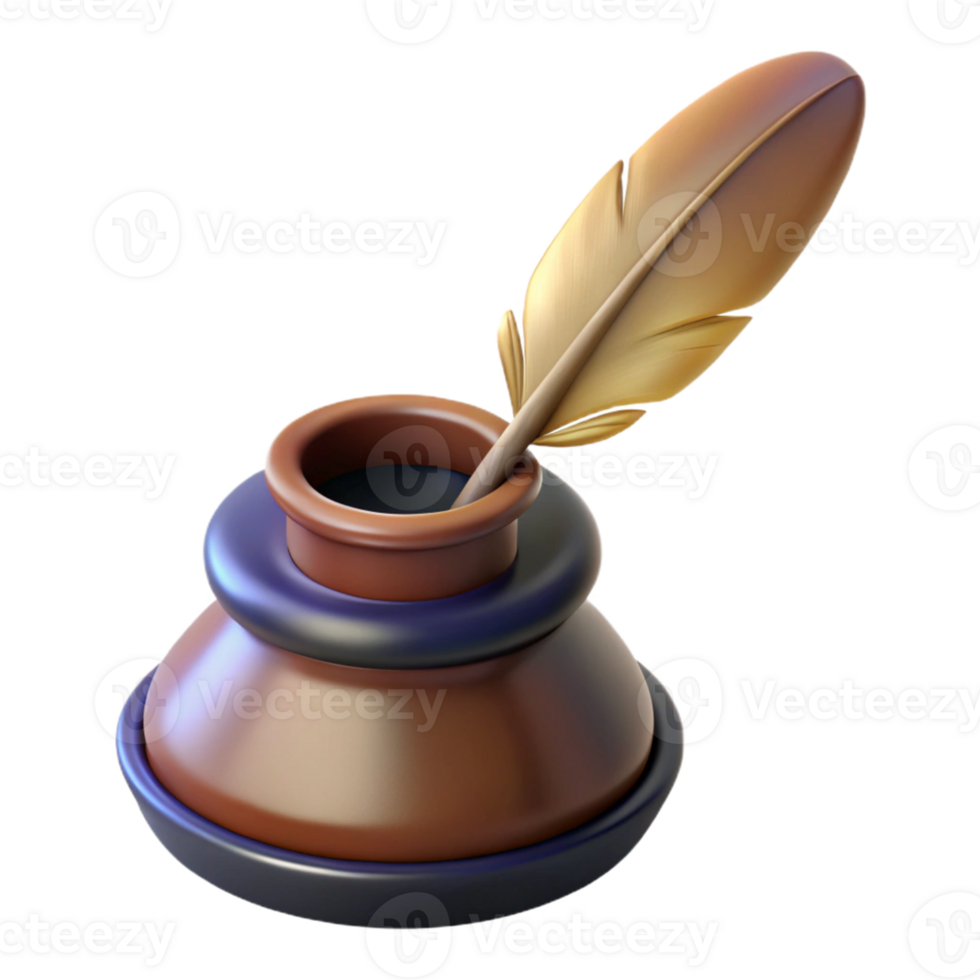 3D Render Quill and Inkpot Illustration png