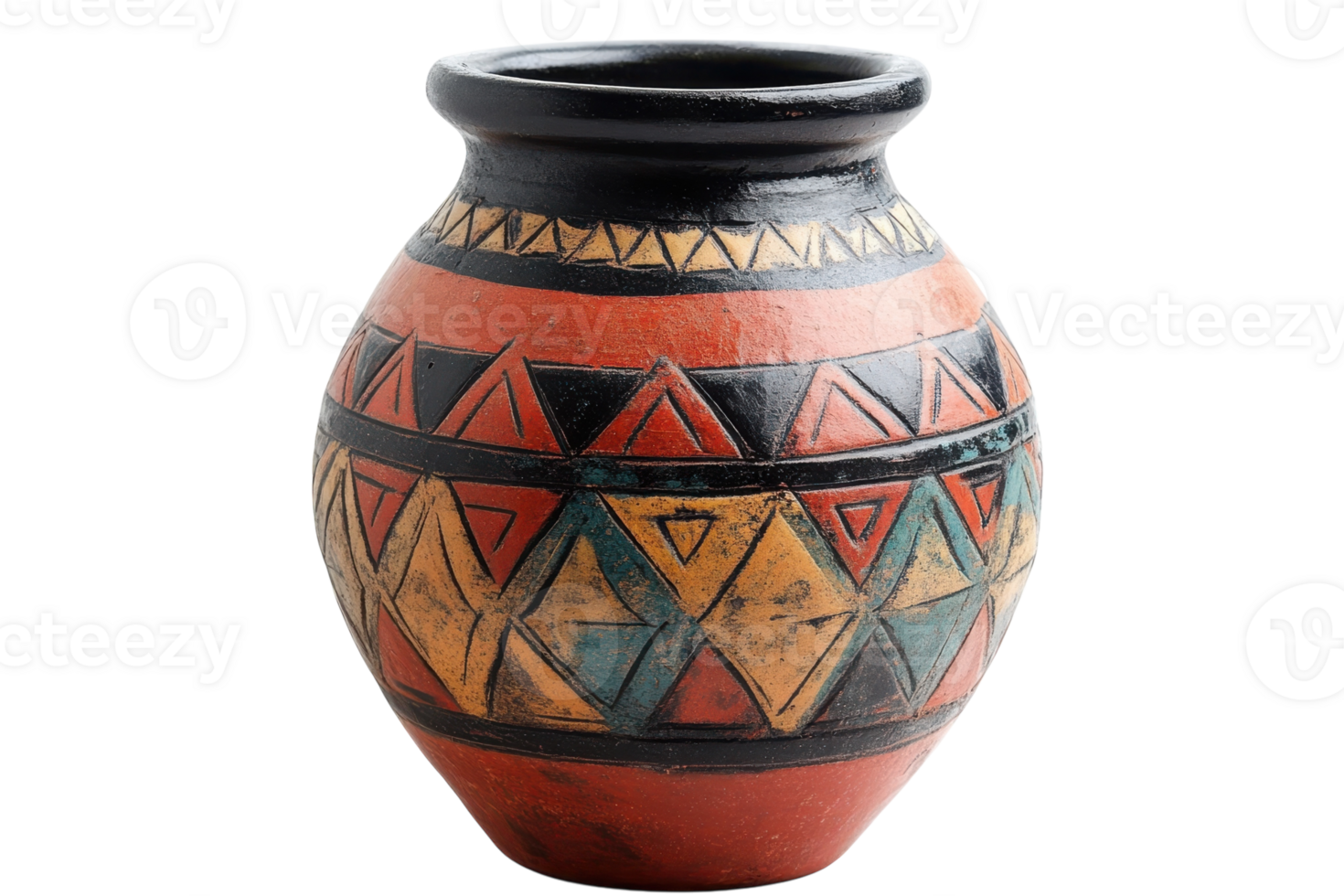 Traditional handcrafted ceramic pot featuring intricate geometric patterns and vibrant colors from indigenous culture png