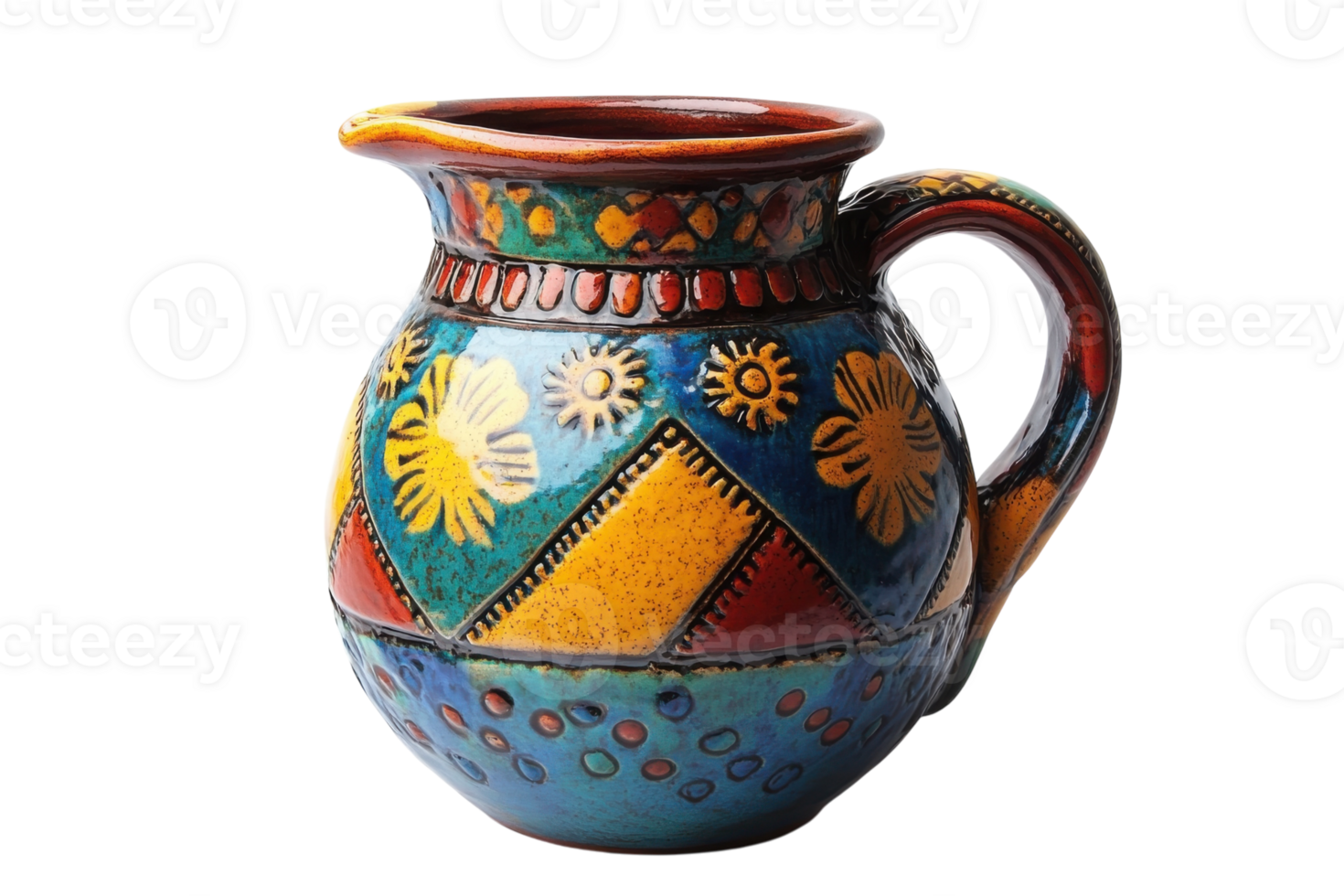 Colorful ceramic pitcher with intricate designs featuring flowers and geometric patterns png