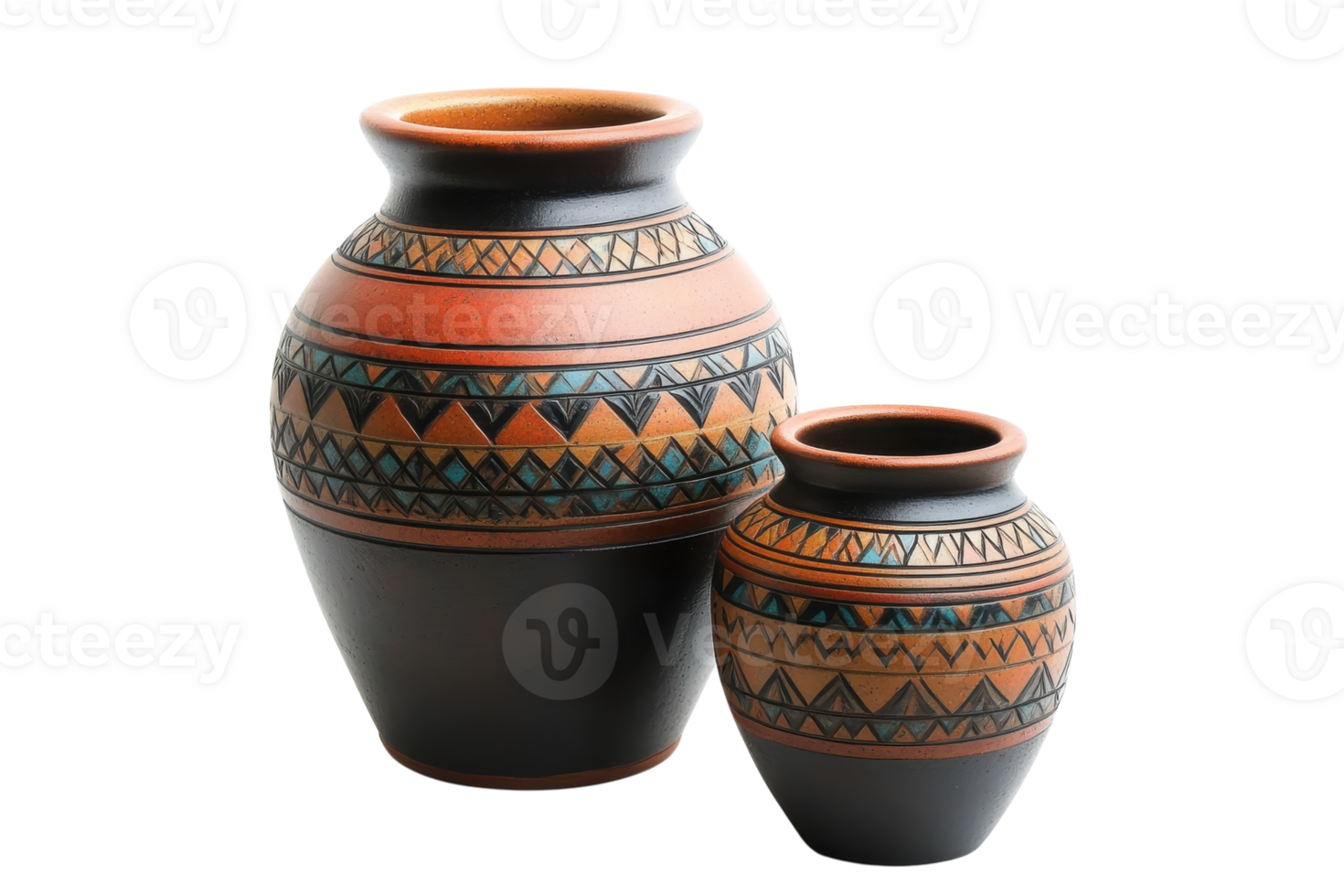 Handcrafted pottery showcasing traditional patterns and earthy tones in a decorative arrangement png