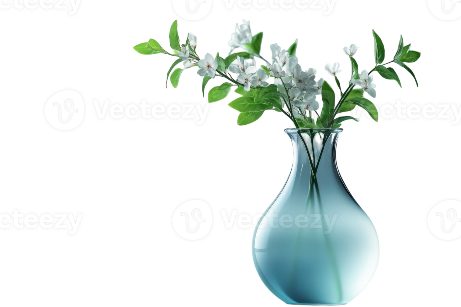 Elegant vase with white flowers and green leaves in a minimalist setting perfect for home decor png