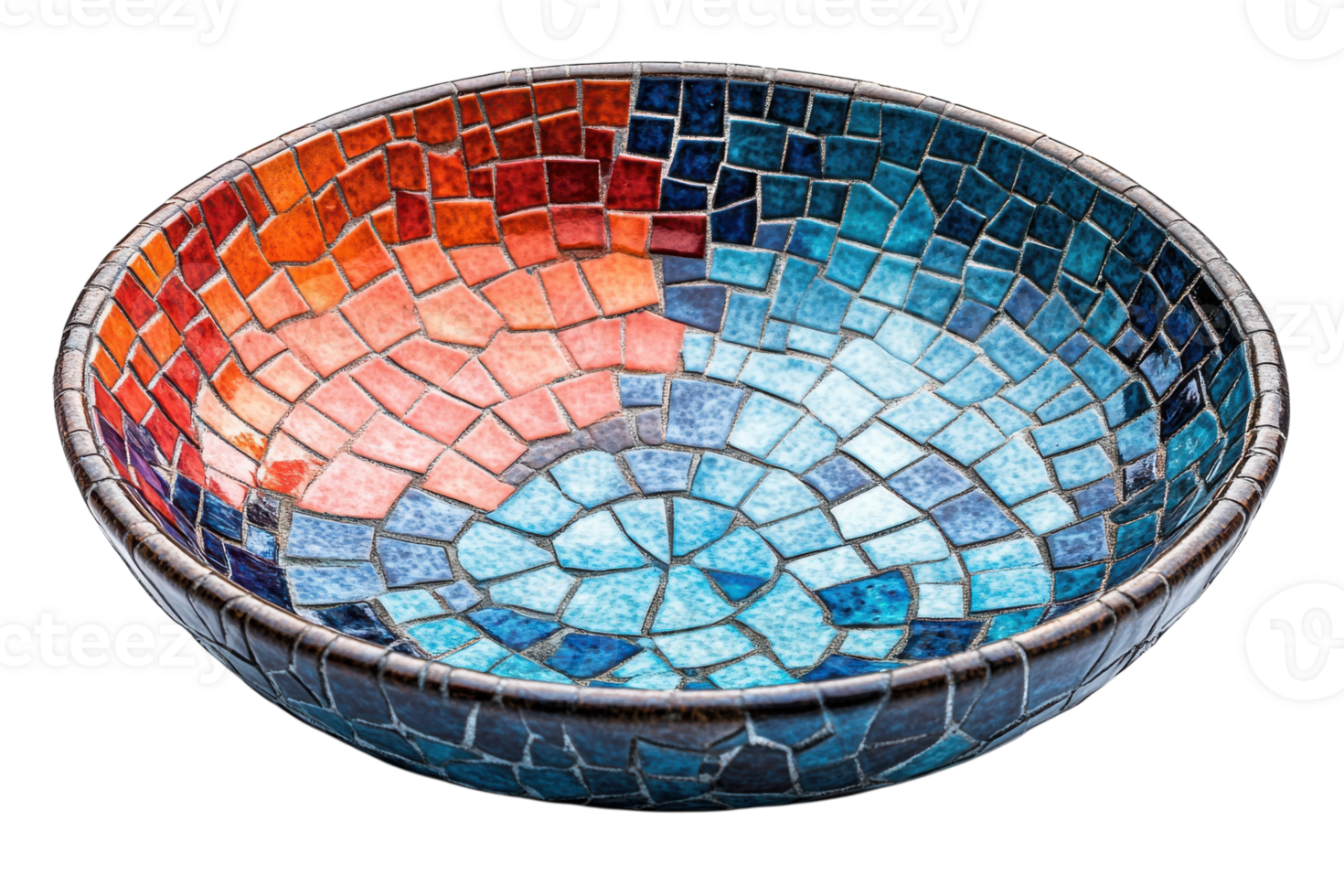 Colorful mosaic bowl displayed on a white background showcasing intricate design and craftsmanship png