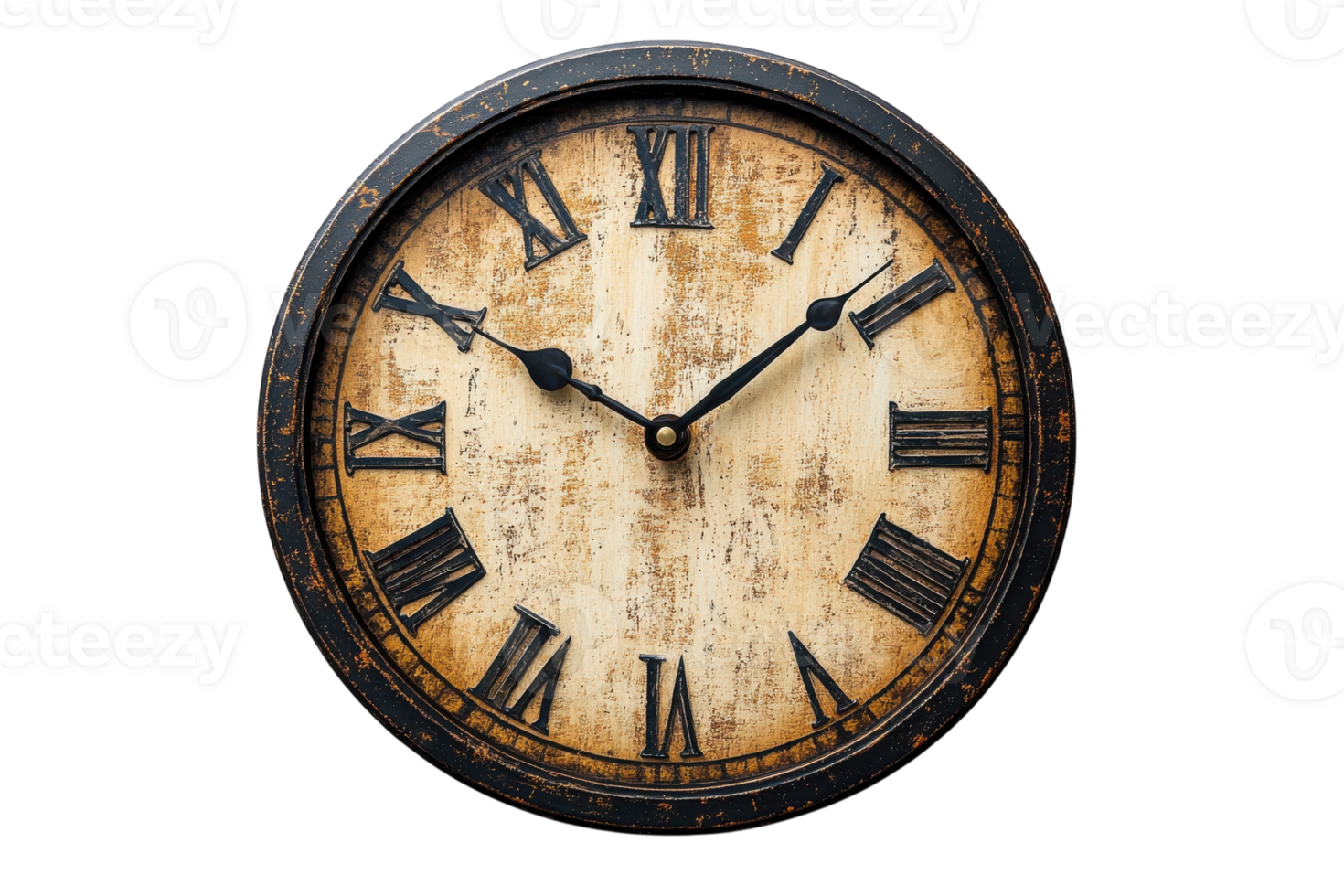 Vintage wall clock with Roman numerals features rustic design and aged appearance for timeless elegance png