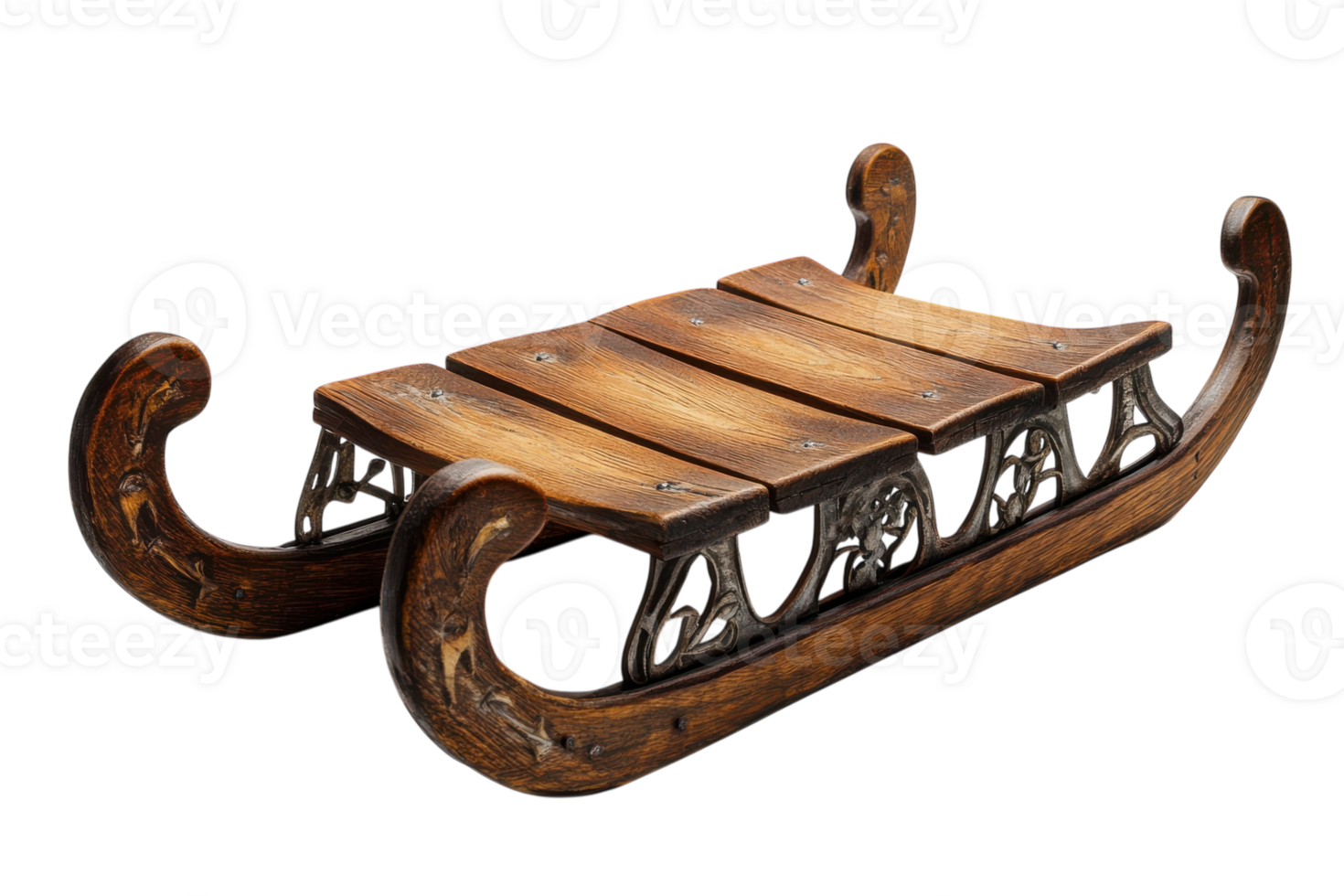 Traditional wooden sled resting on a flat surface with ornate details and curved design, ready for winter activities png