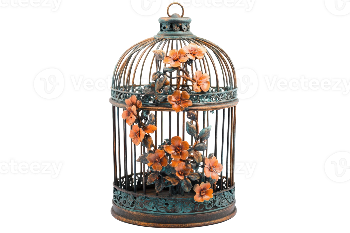 Decorative birdcage featuring vibrant flowers set against a neutral background with intricate detailing and craftsmanship png