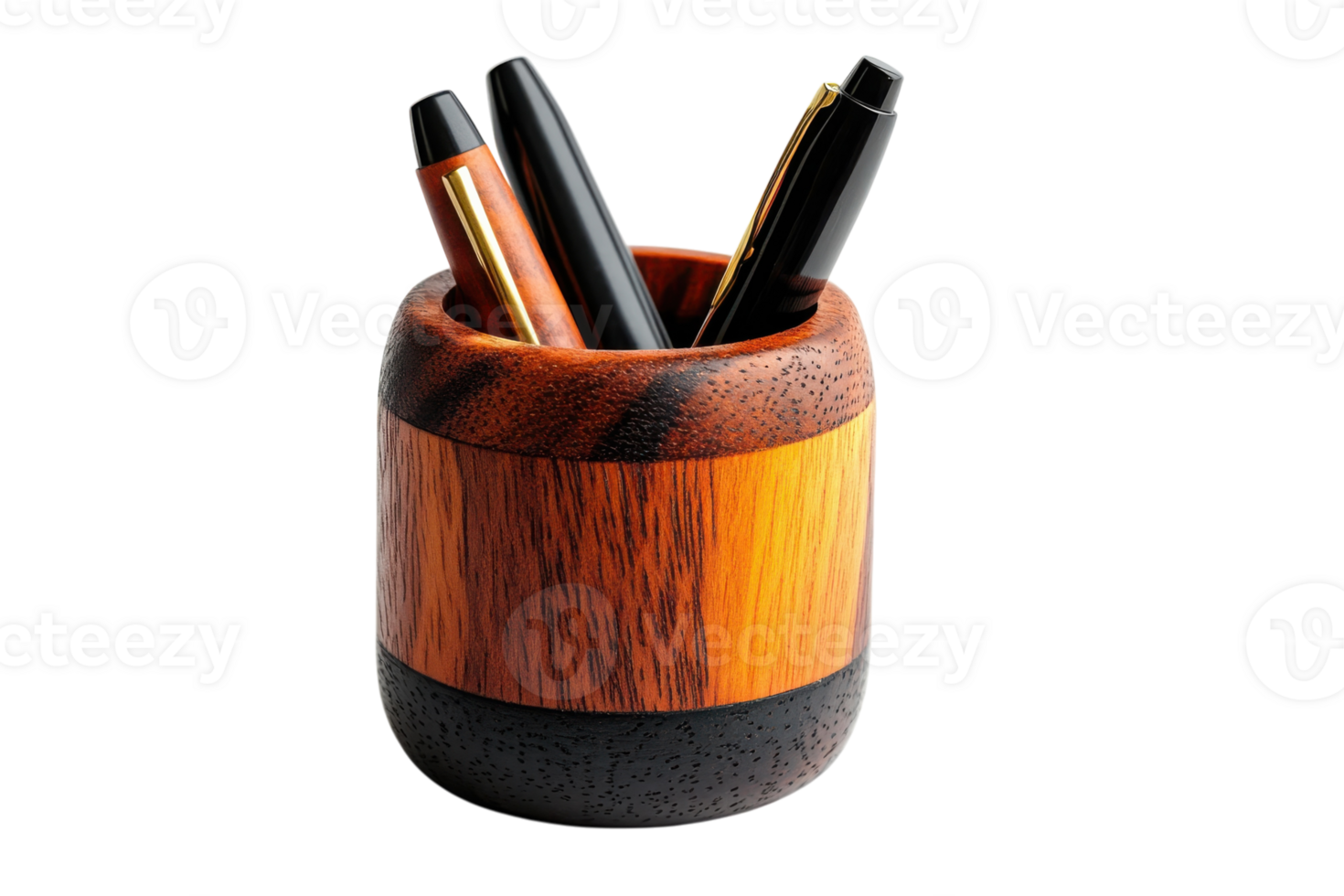 Stylish wooden pen holder with black and gold pens placed on a desk, perfect for organizing writing tools and enhancing workspace aesthetics png