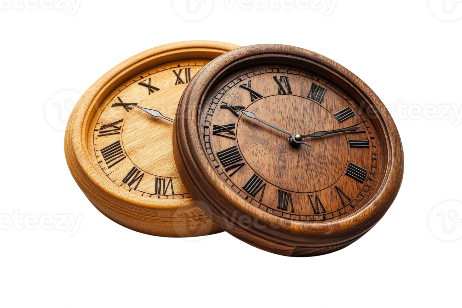 Elegant wooden clocks showcasing classic Roman numerals for timeless home decor accents png