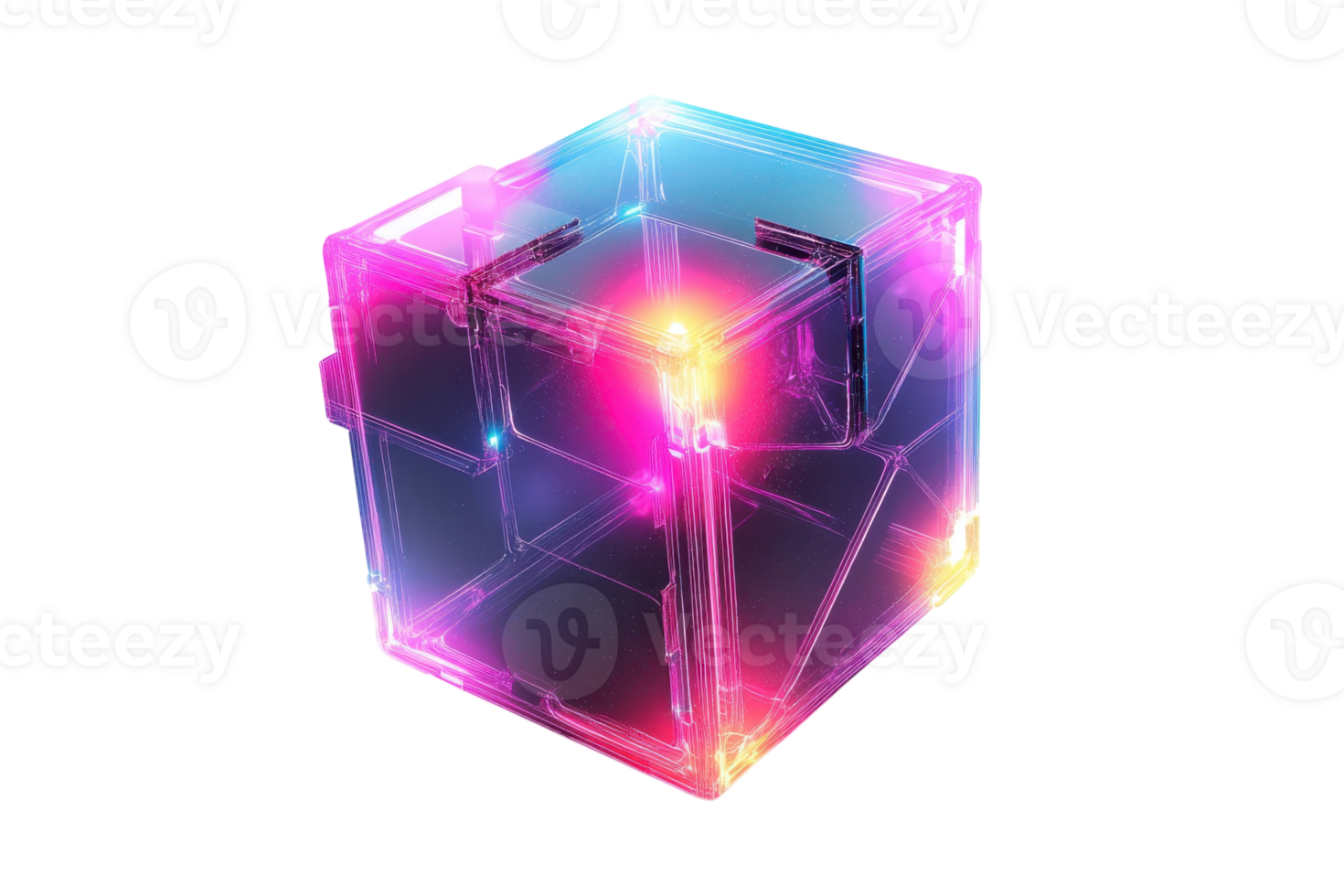 Colorful glow of a transparent cube with vibrant lights at an art installation png
