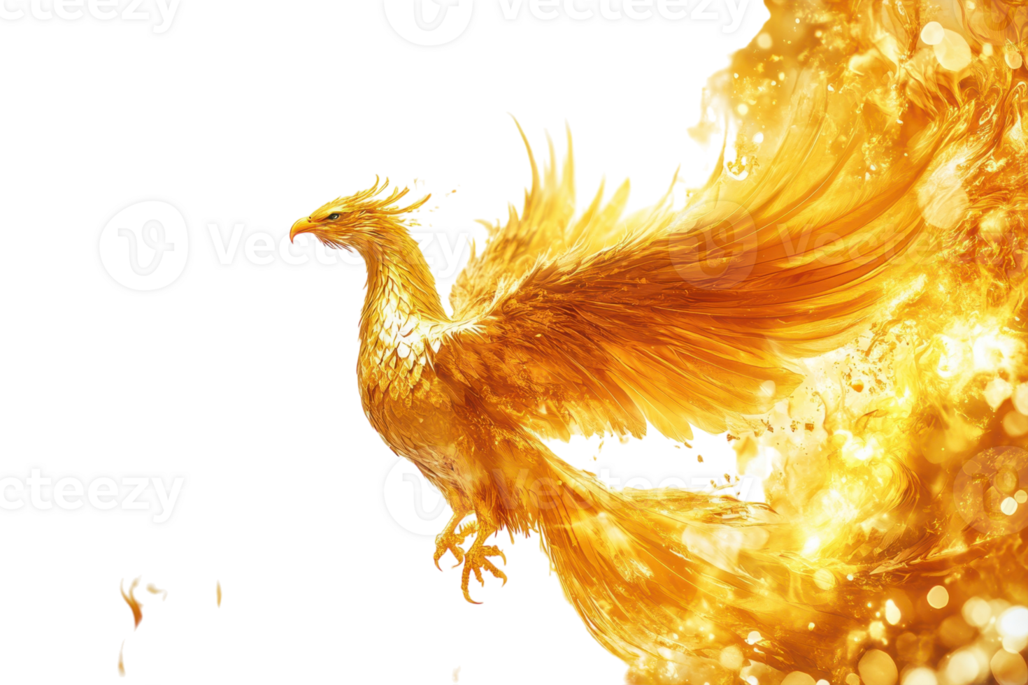 Majestic golden phoenix soaring through a radiant sky at sunrise, symbolizing rebirth and renewal png