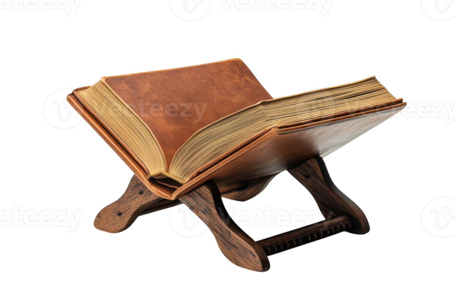 Elegant leather-bound book displayed on a wooden stand showcasing its craftsmanship and texture png