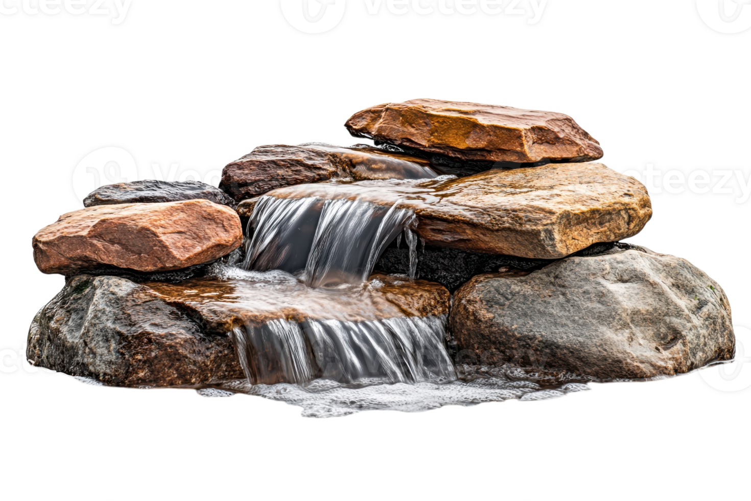 Natural stone waterfall creating a serene atmosphere in a garden setting png