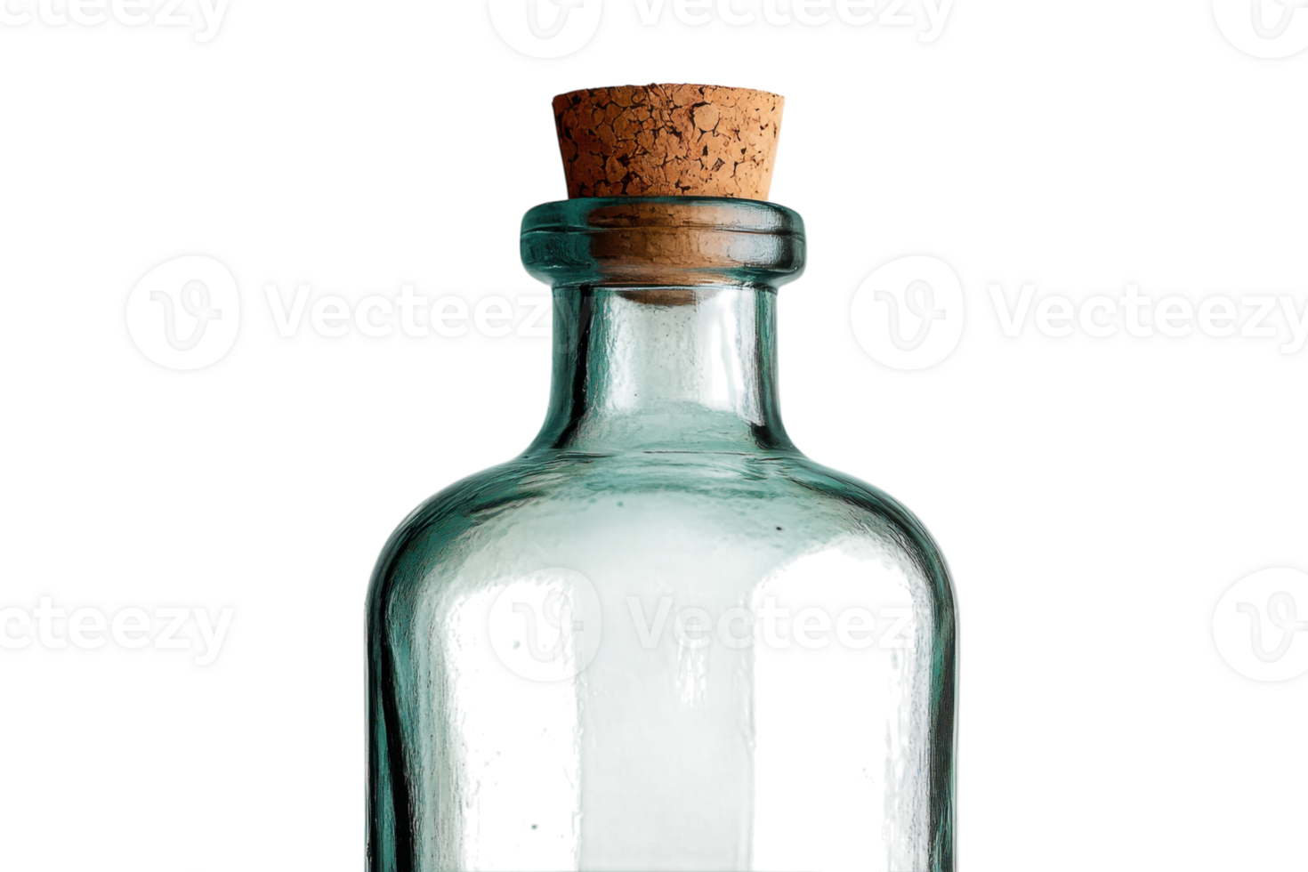 Clear glass bottle with cork stopper arranged on a plain white background for minimalist aesthetic png