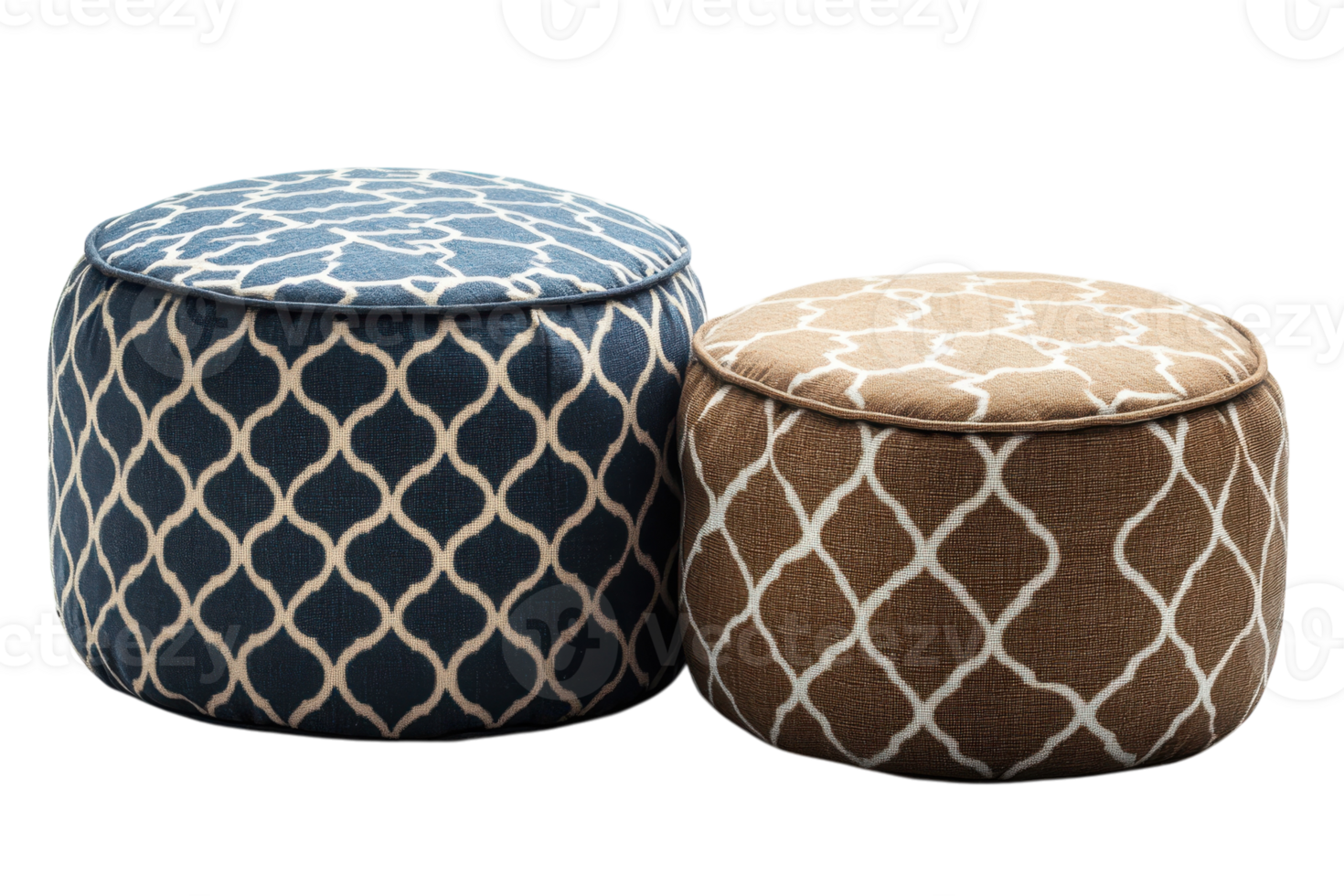 Stylish poufs in blue and brown patterns placed on a neutral surface in a modern living space png