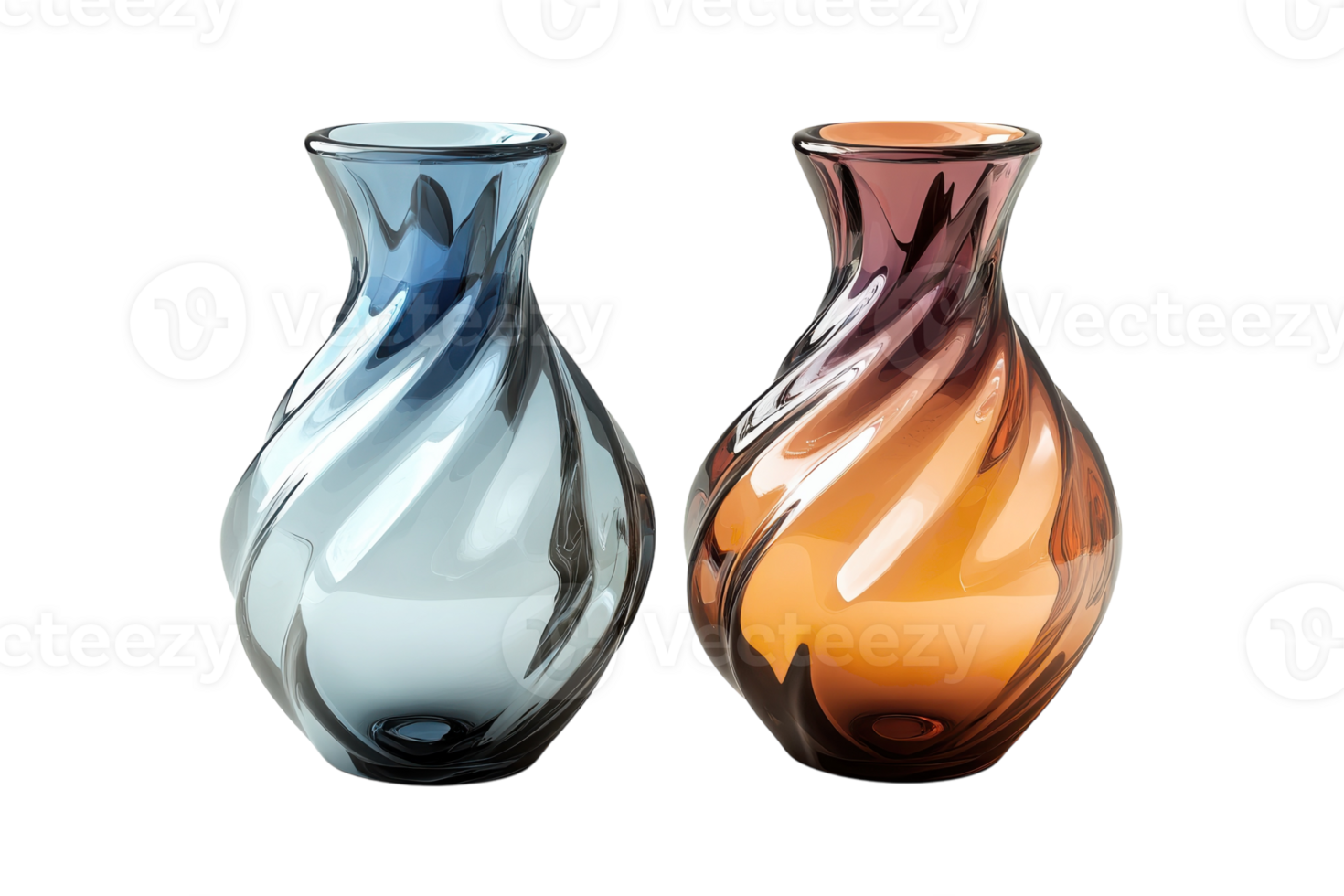 Unique twisted glass vases in blue and orange colors displayed together for decorative purpose png