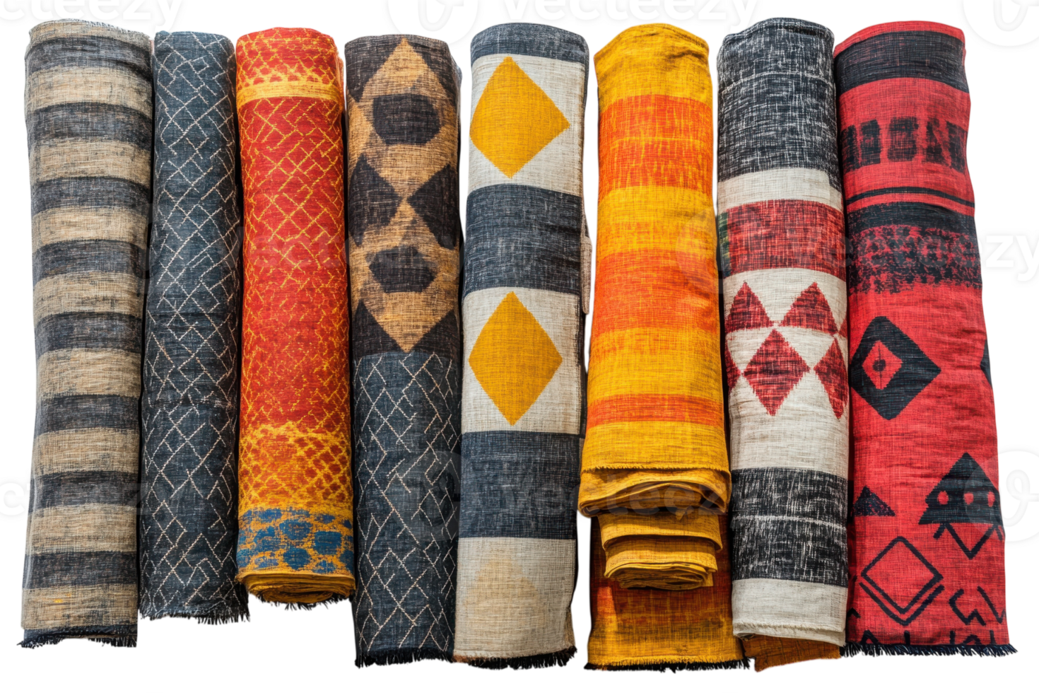 Colorful collection of textiles displayed in a row showcasing intricate patterns and designs png