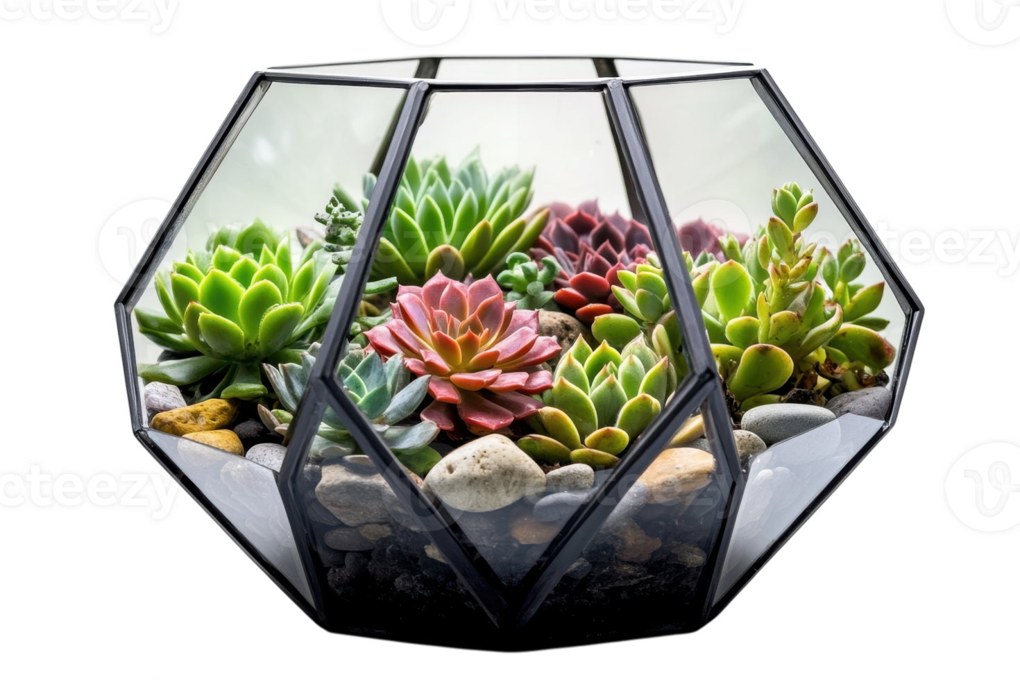Decorative glass terrarium filled with colorful succulents and pebbles placed indoors on a soft surface png