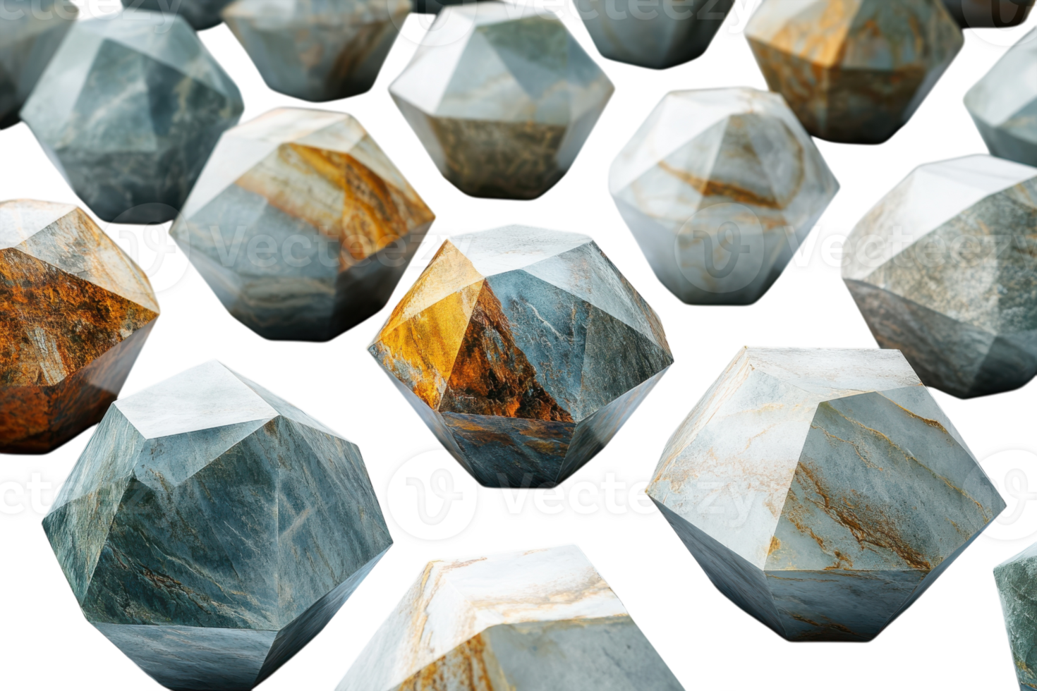 Decorative geometric stones arranged aesthetically for display and artistic purposes in a creative setting png