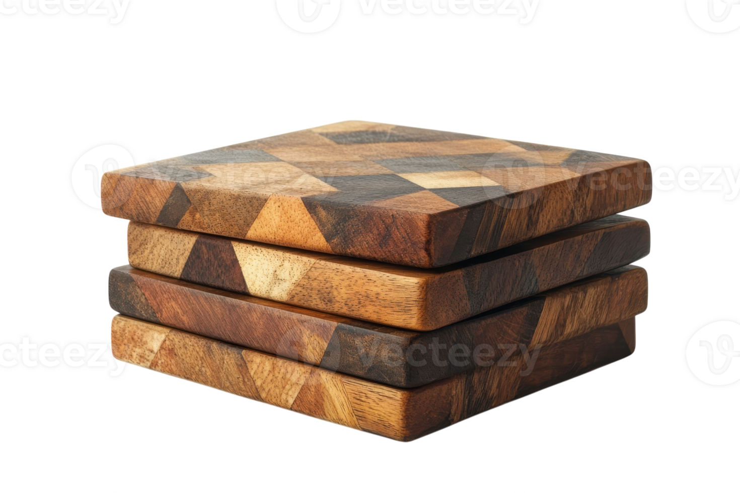 Unique wooden coasters stacked on top of each other showcasing intricate geometric patterns png