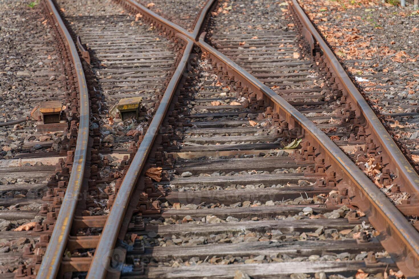 Two railroad tracks with a train on one side photo