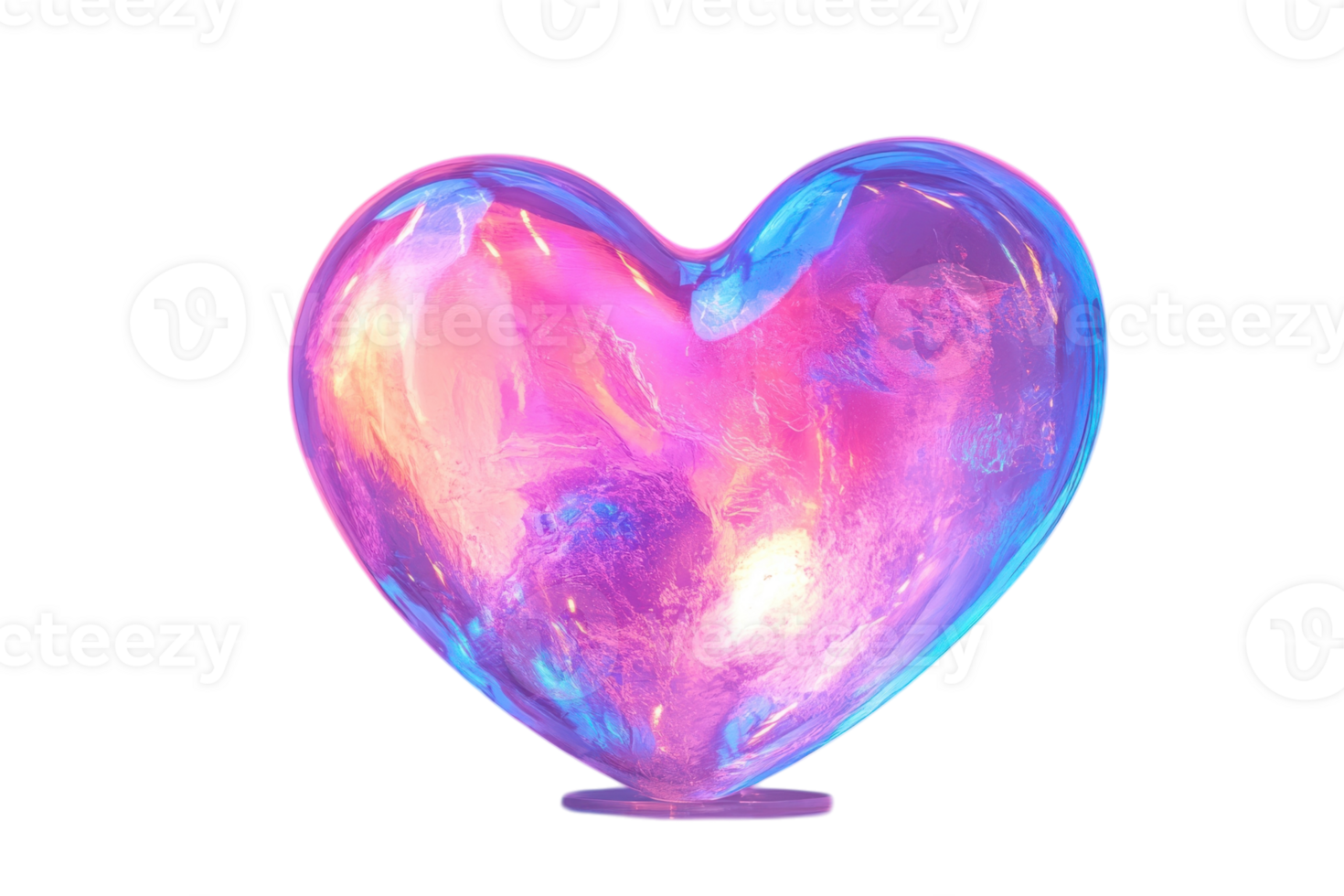 Colorful heart-shaped sculpture with iridescent hues on display in a bright gallery setting png