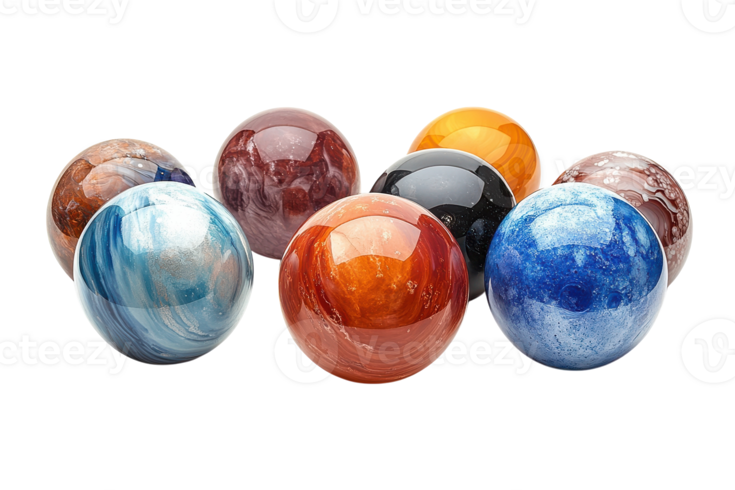 Colorful decorative glass spheres arranged artistically on a white background showcasing various patterns and colors png