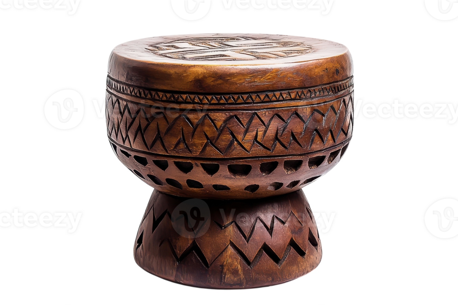 Handcrafted wooden stool with intricate carvings displayed on a white background png